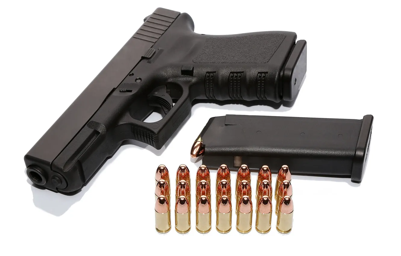 Photo wallpaper gun, white background, cartridges, clip