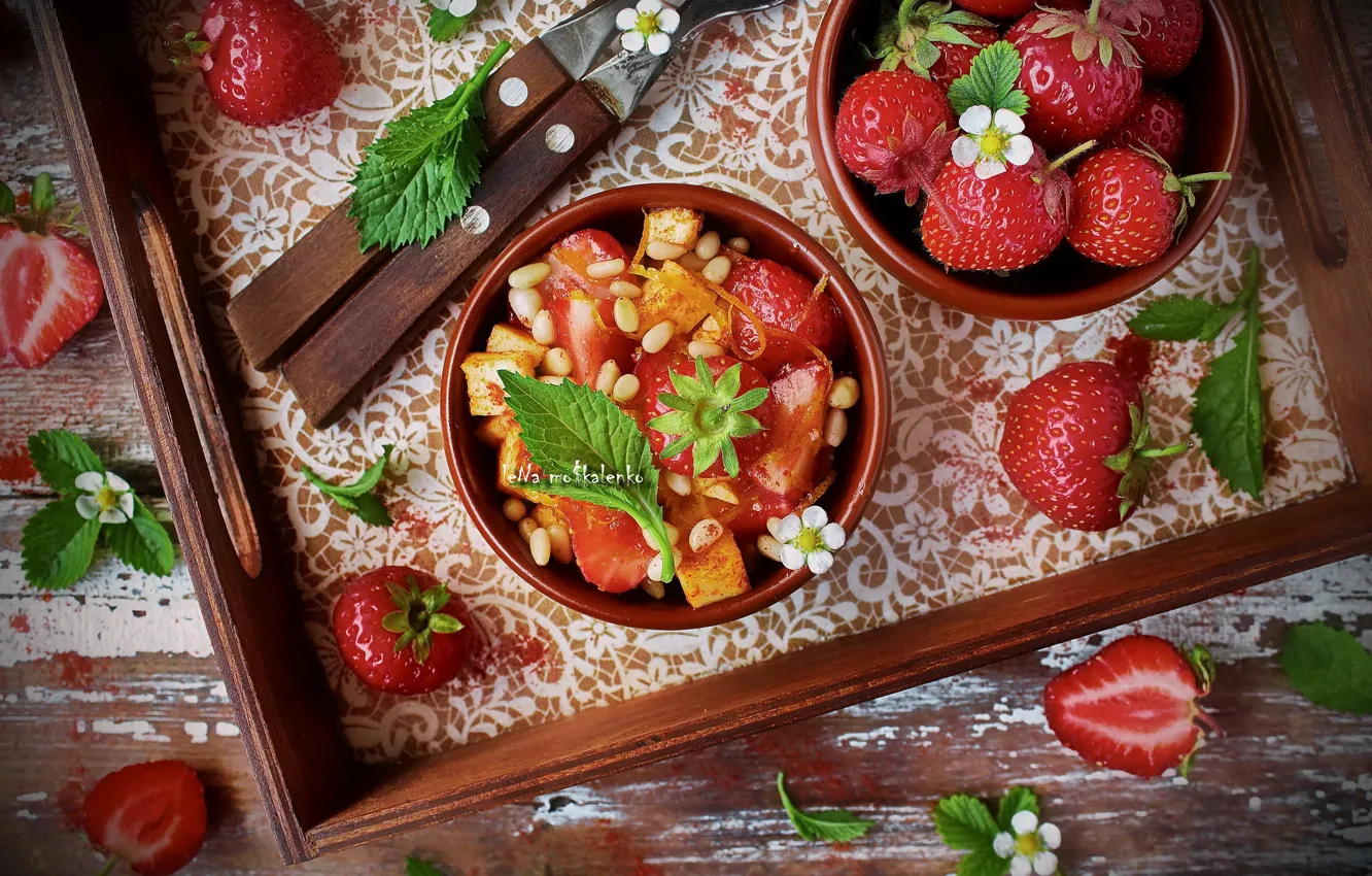 Photo wallpaper leaves, flowers, strawberry, nuts, berry salad