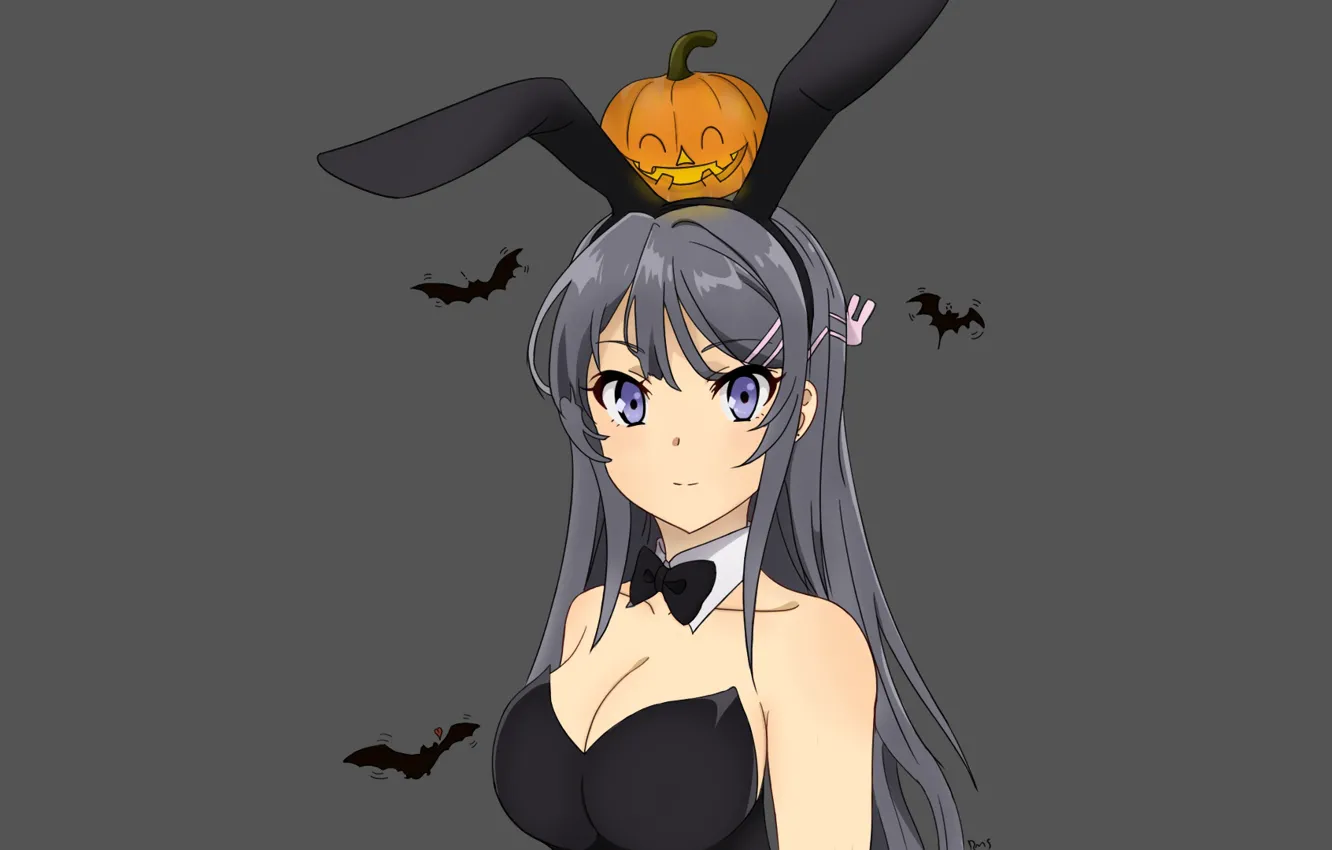 Photo wallpaper girl, rabbit, pumpkin, bats, Halloween, rabbit ears, Seishun Yarou wa bunny girl Senpai no Yu …