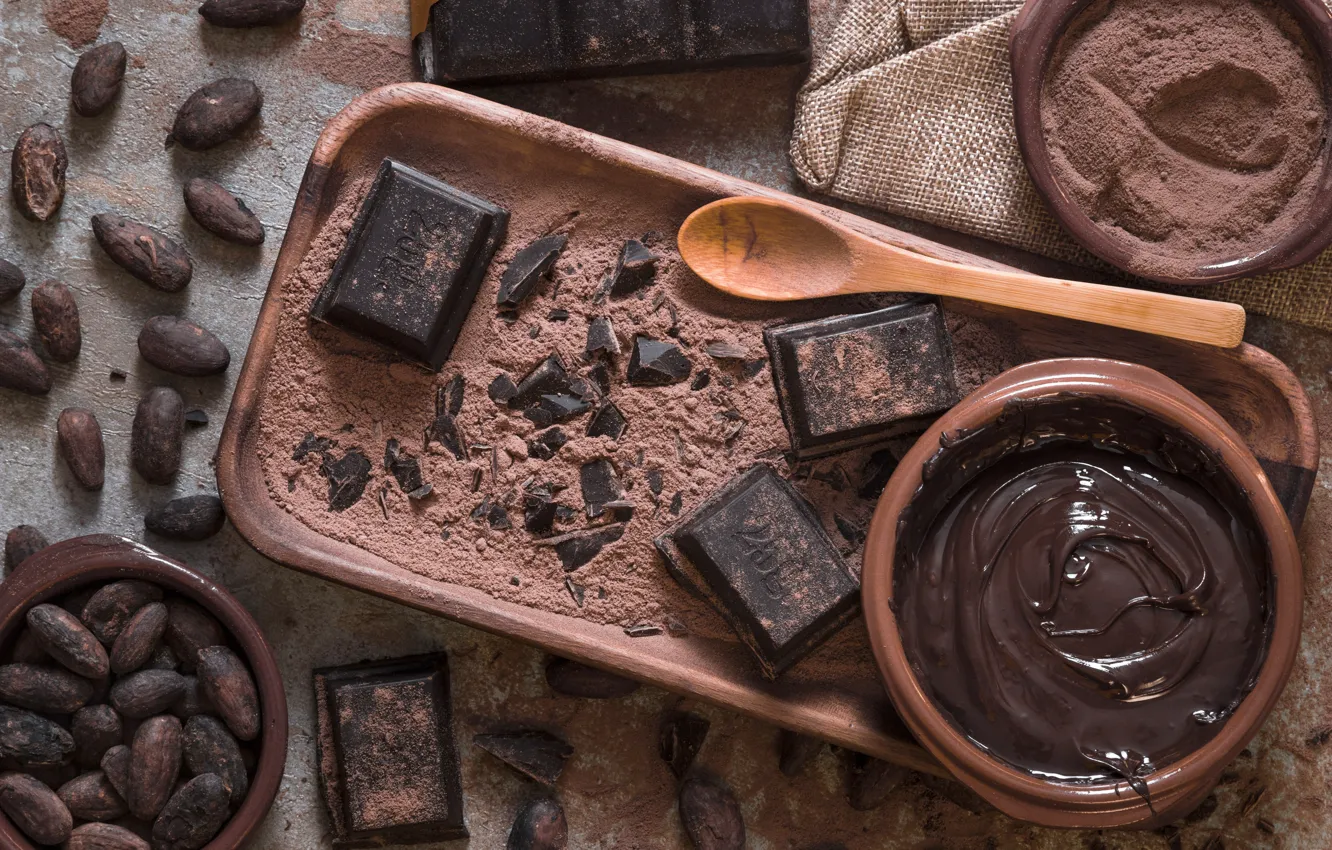 Photo wallpaper chocolate, spoon, cocoa beans