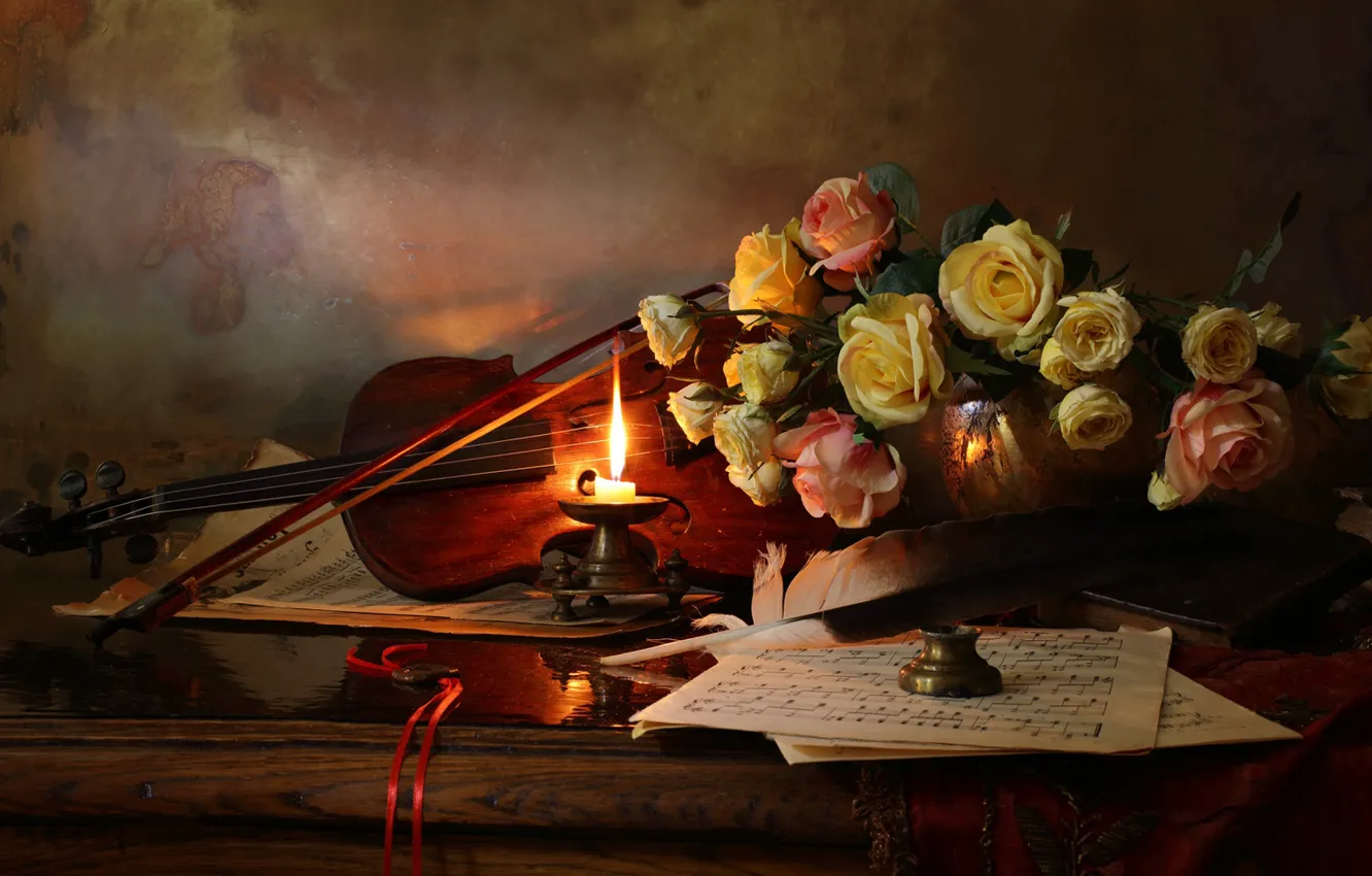 Photo wallpaper flowers, style, notes, pen, violin, roses, candle
