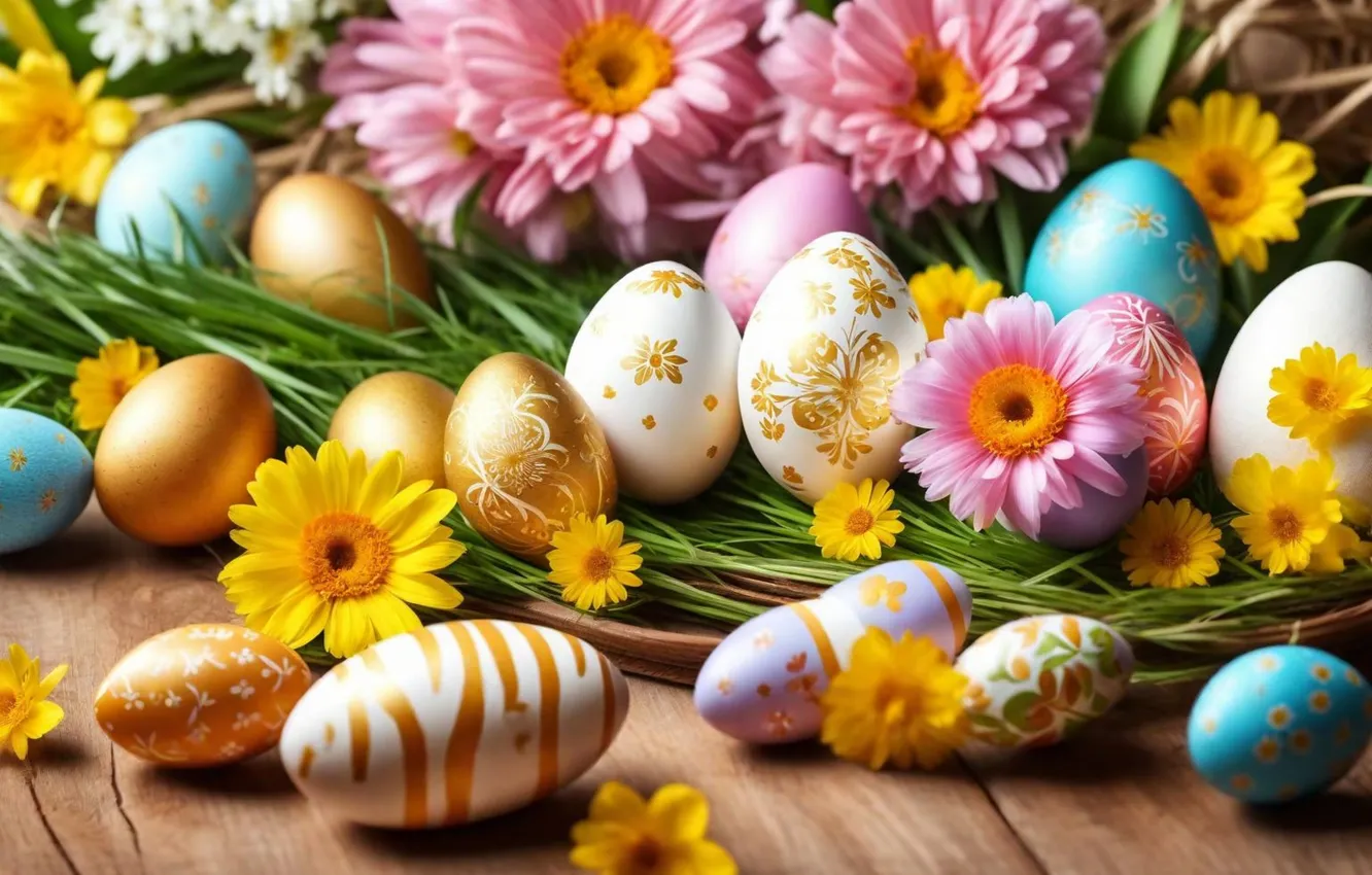 Photo wallpaper flowers, eggs, spring, colorful, Easter, flowers, spring, Easter