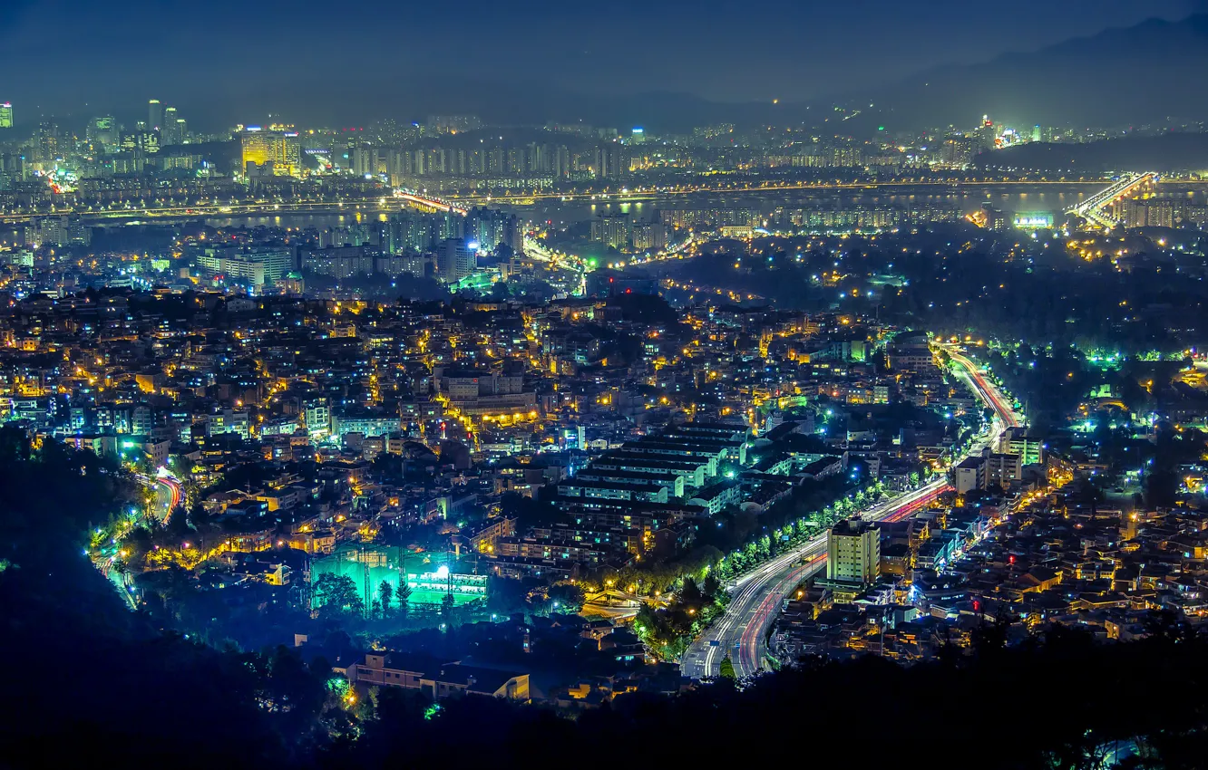 Photo wallpaper lights, panorama, skyscrapers, Seoul, South Korea