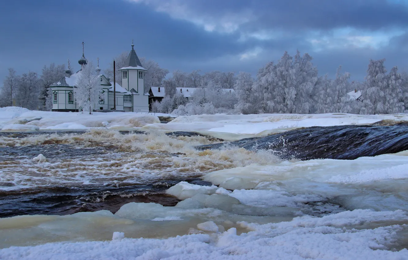Photo wallpaper ice, winter, frost, snow, trees, landscape, nature, river