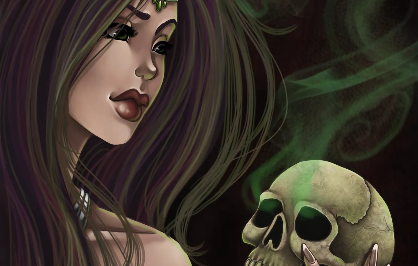 Photo wallpaper look, girl, face, hair, smoke, skull, hands, art