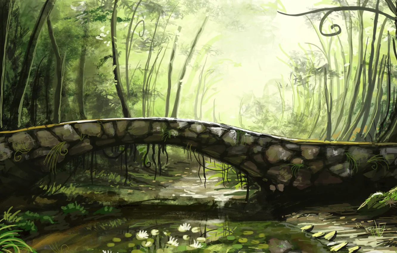 Photo wallpaper trees, bridge, river, Lily, art, stone, SUNIMO