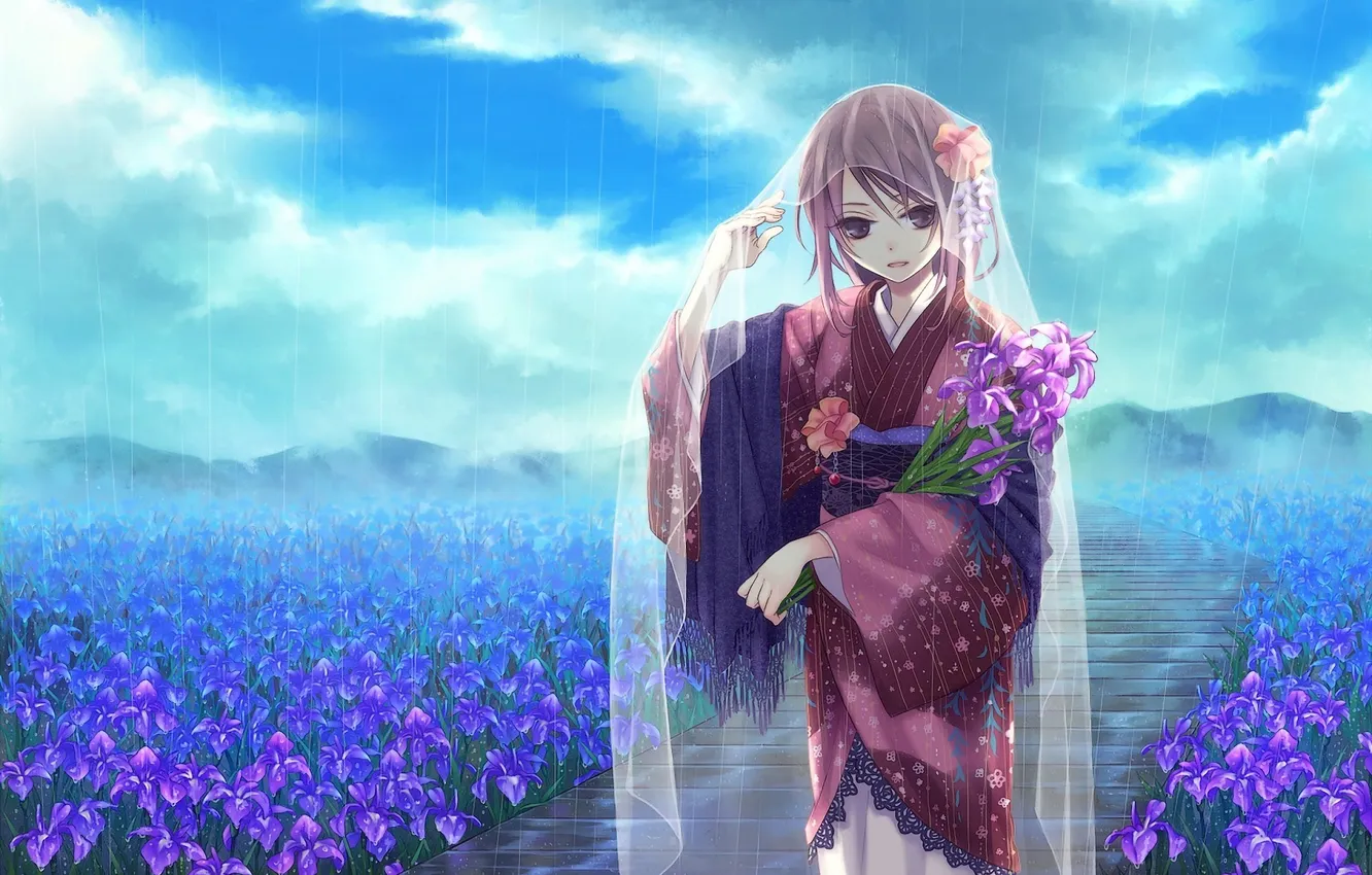 Photo wallpaper field, girl, flowers, rain, bouquet, art, kimono, Cape