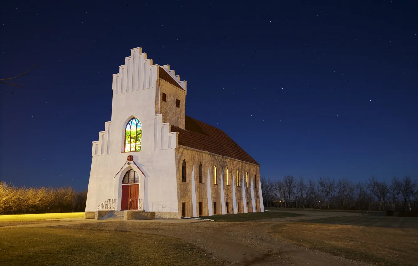 Photo wallpaper the sky, stars, light, night, Church, the countryside
