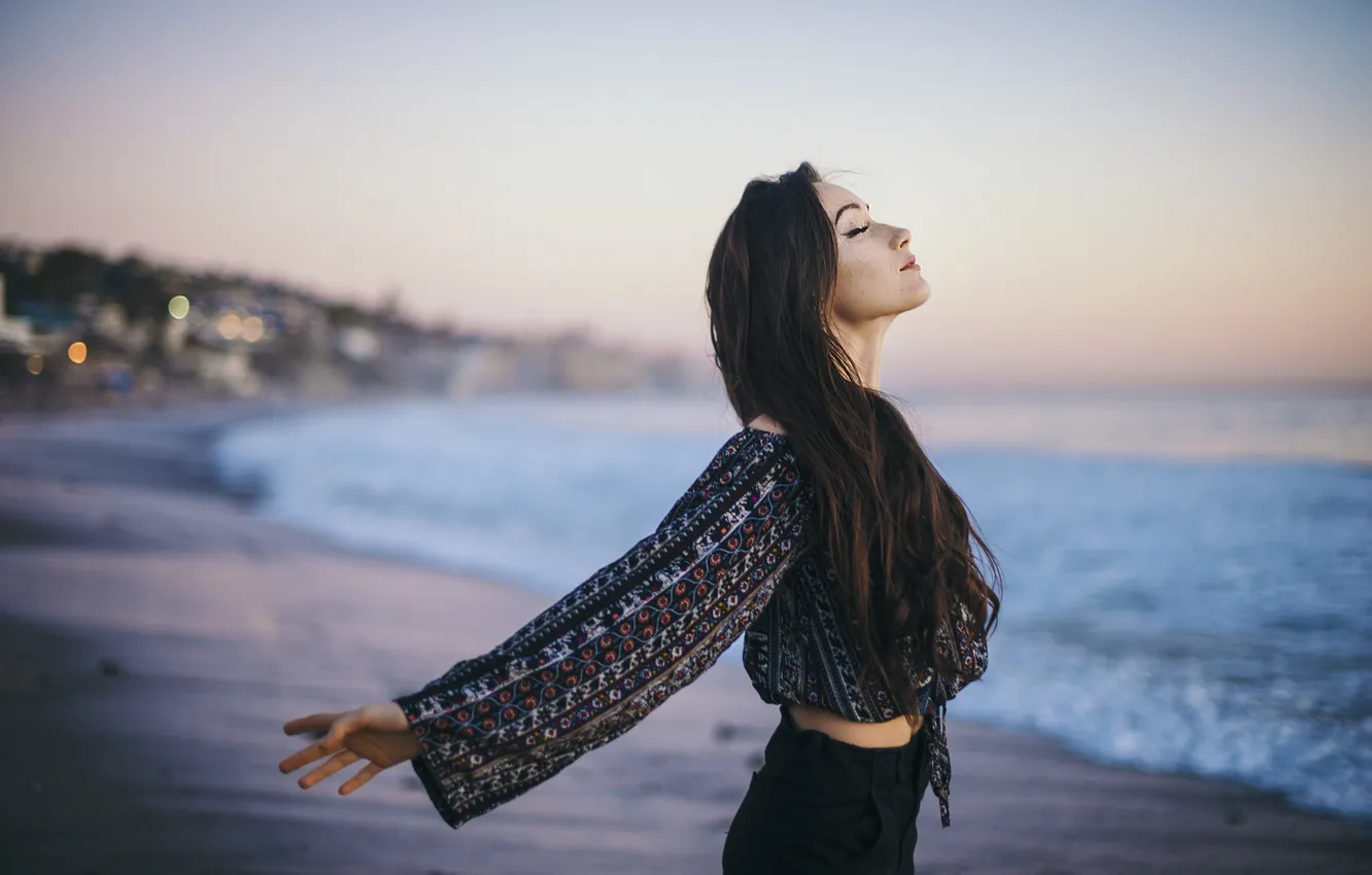 Photo wallpaper beach, girl, shore, brunette, profile