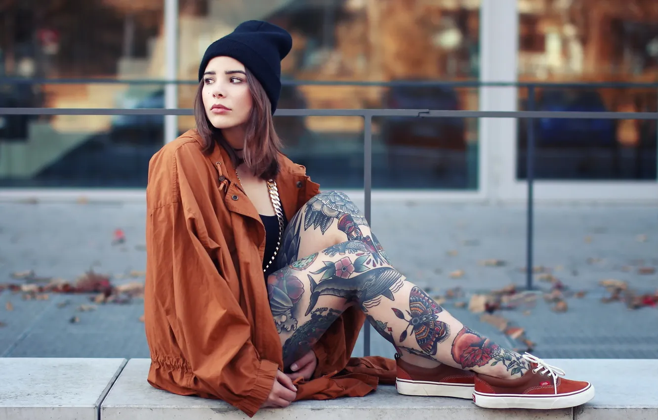 Photo wallpaper girl, pose, background, tattoo