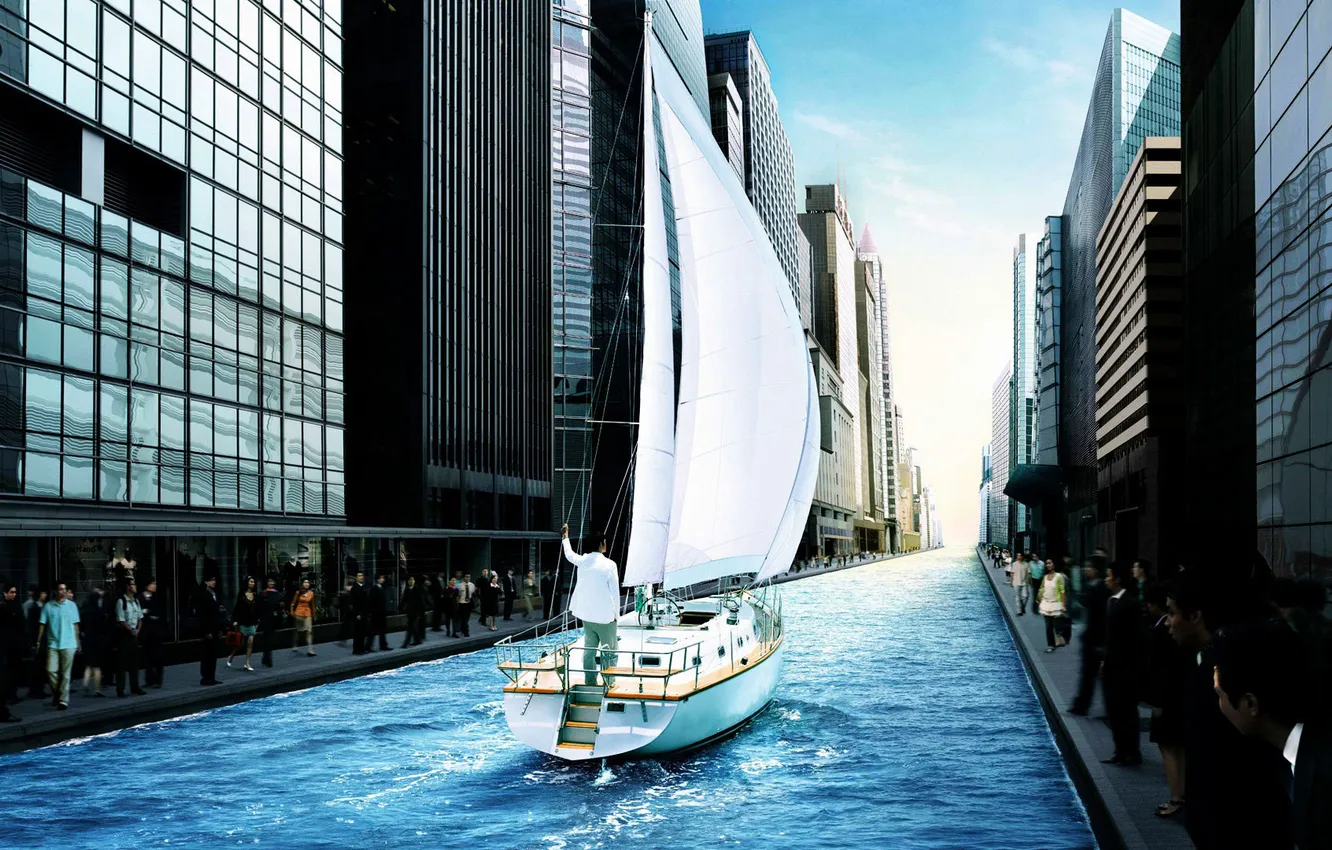 Photo wallpaper sea, the sky, the city, river, people