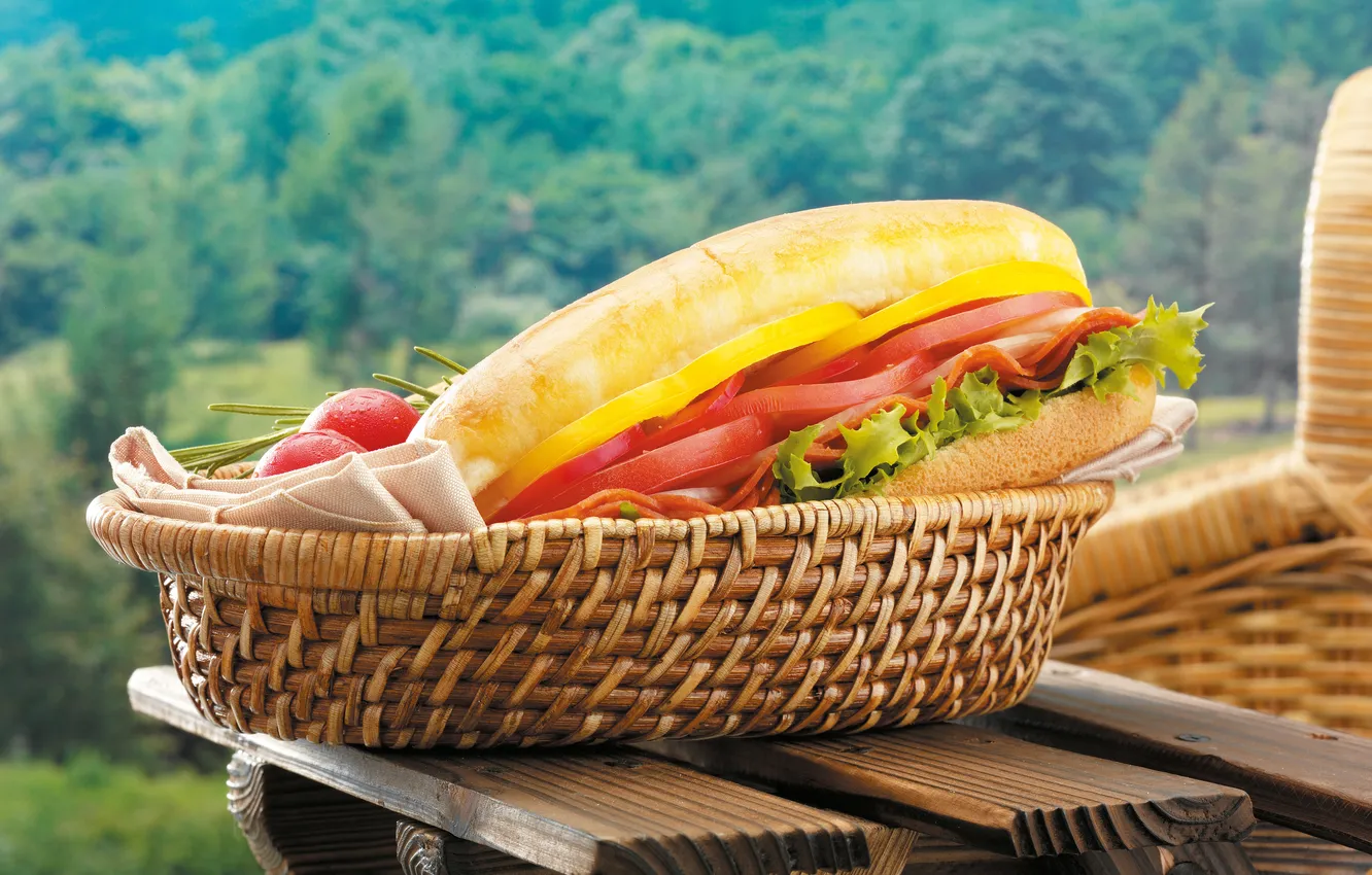 Photo wallpaper greens, pepper, table, sandwich, tomatoes. napkin, chair. basket