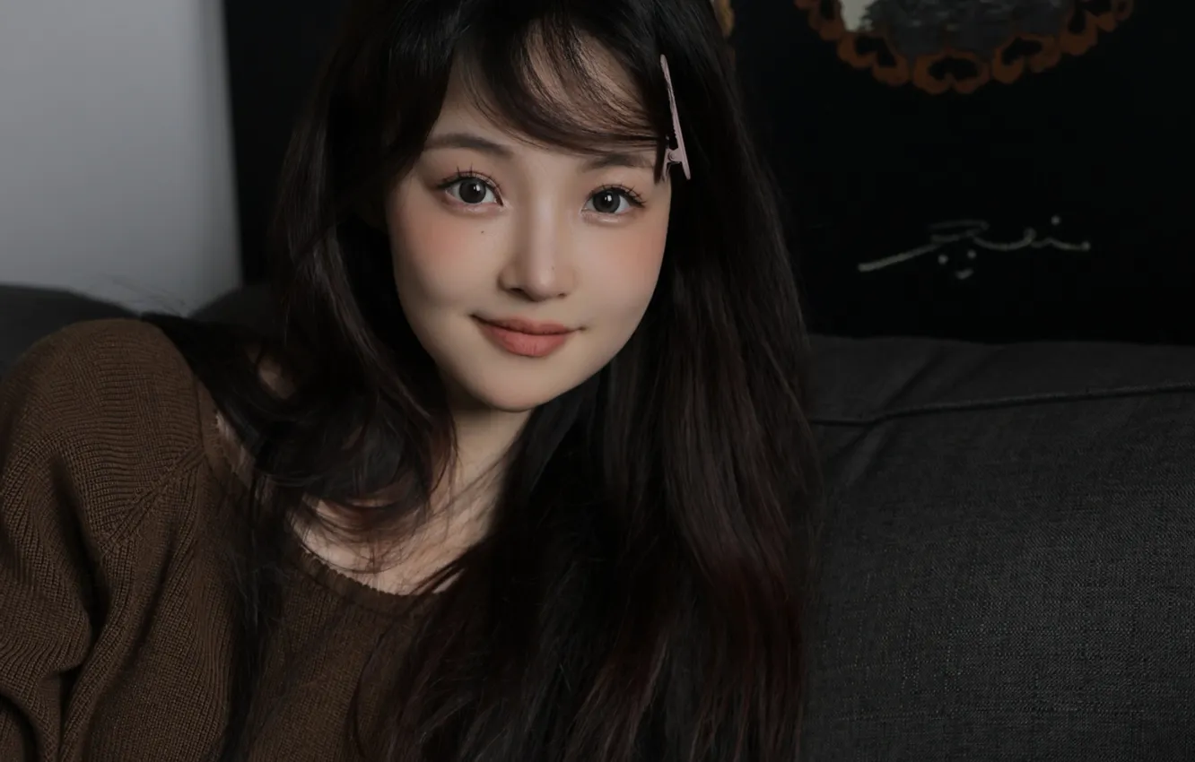 Photo wallpaper woman, smile, beautiful, model, pretty, asian, sofa, cute