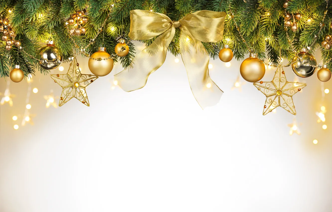 Photo wallpaper decoration, balls, tree, New Year, Christmas, golden, bow, Christmas