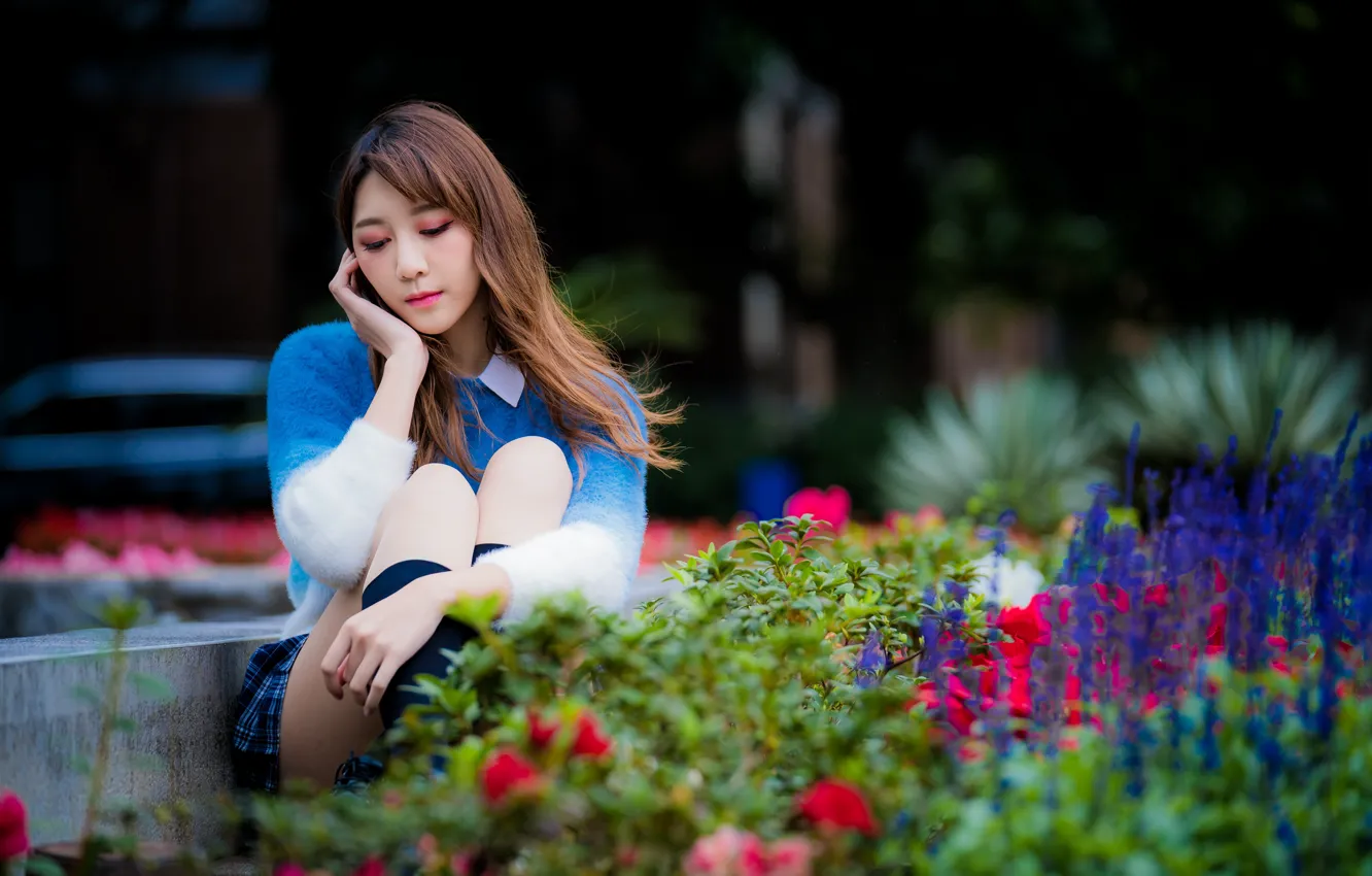Photo wallpaper girl, Asian, cutie, bokeh