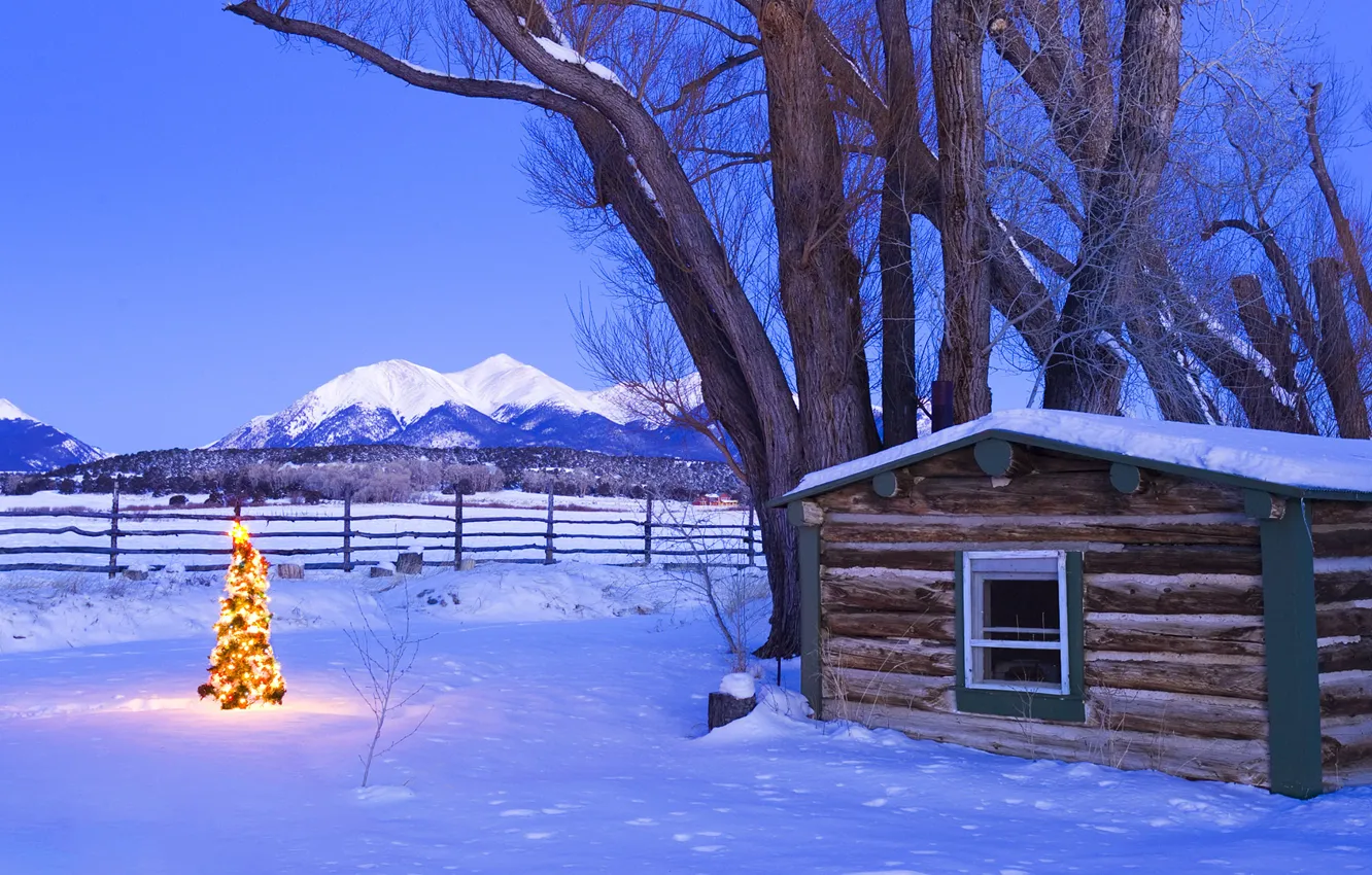 Photo wallpaper snow, mountains, house, tree