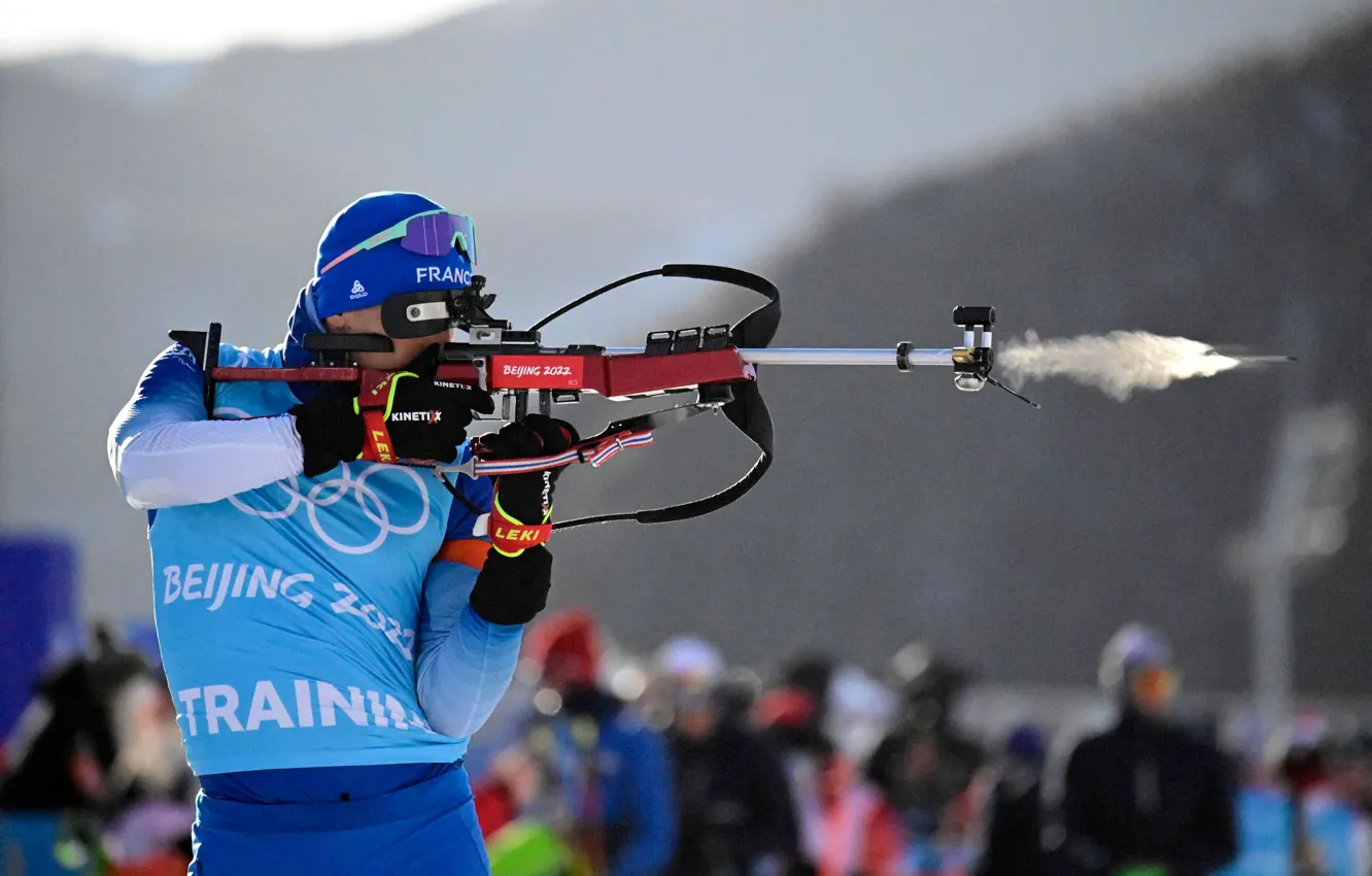 Photo wallpaper Shot, Biathlon, Beijing, The shooting range, Biathlon, The Frenchman, 2022, French biathlete