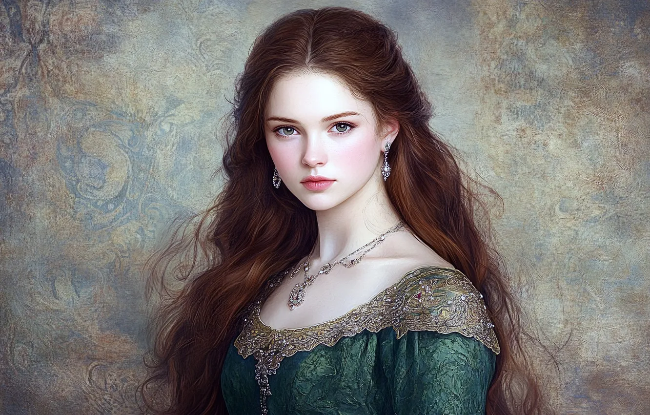 Photo wallpaper look, girl, portrait, brown hair, brown hair, green dress, lady, imitation painting