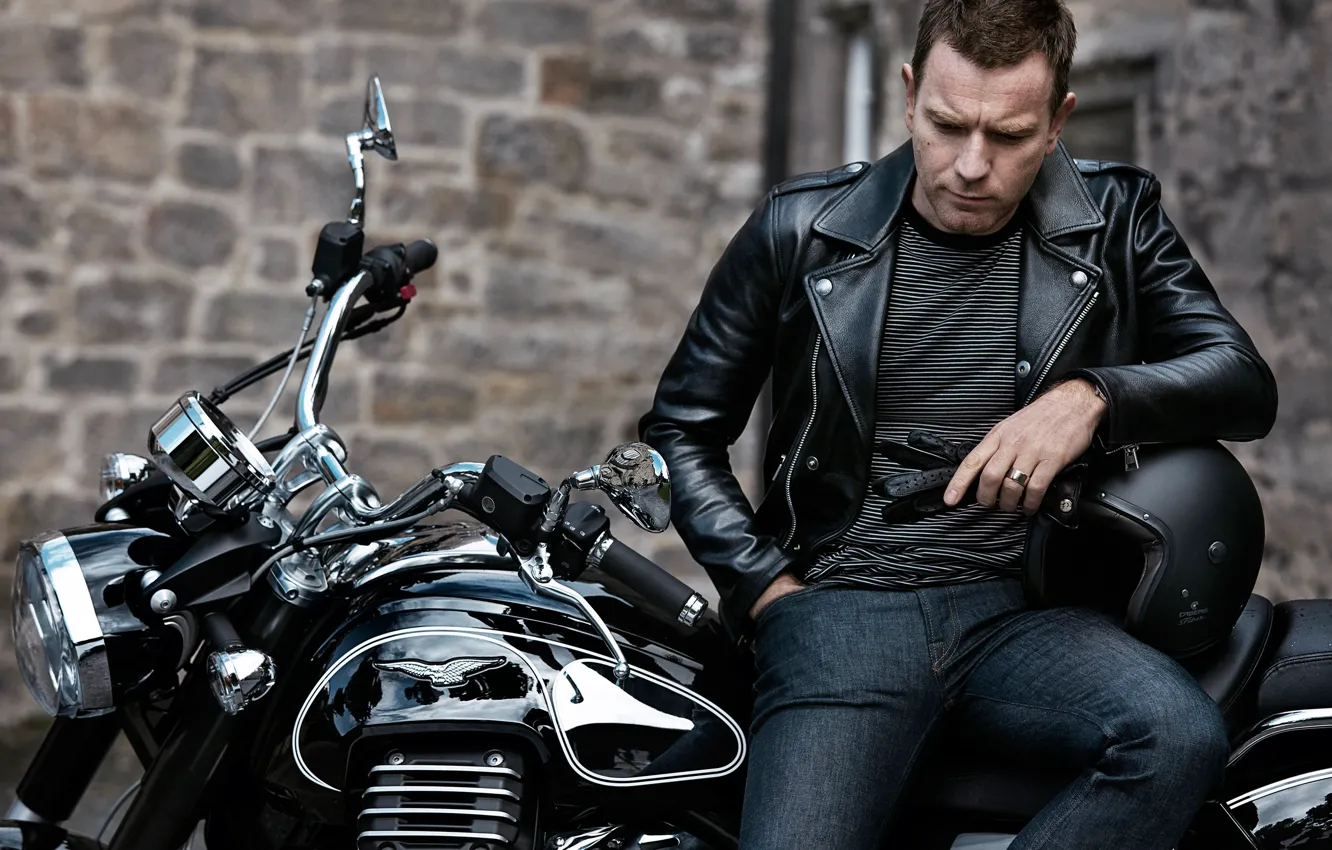 Photo wallpaper black, jeans, jacket, motorcycle, actor, gloves, helmet, biker