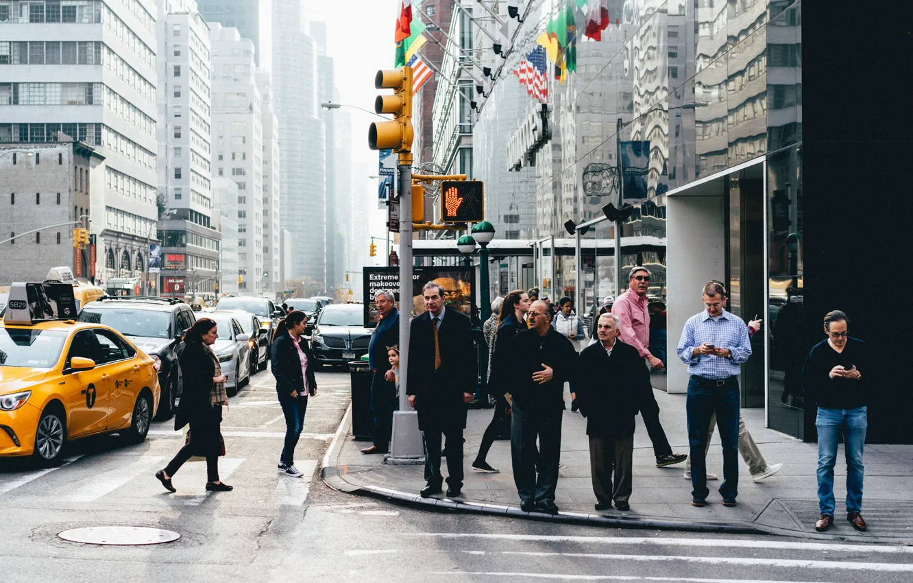 Photo wallpaper United States, New York, people, streets, skyscrapers, cityscape, traffic lights, urban scene