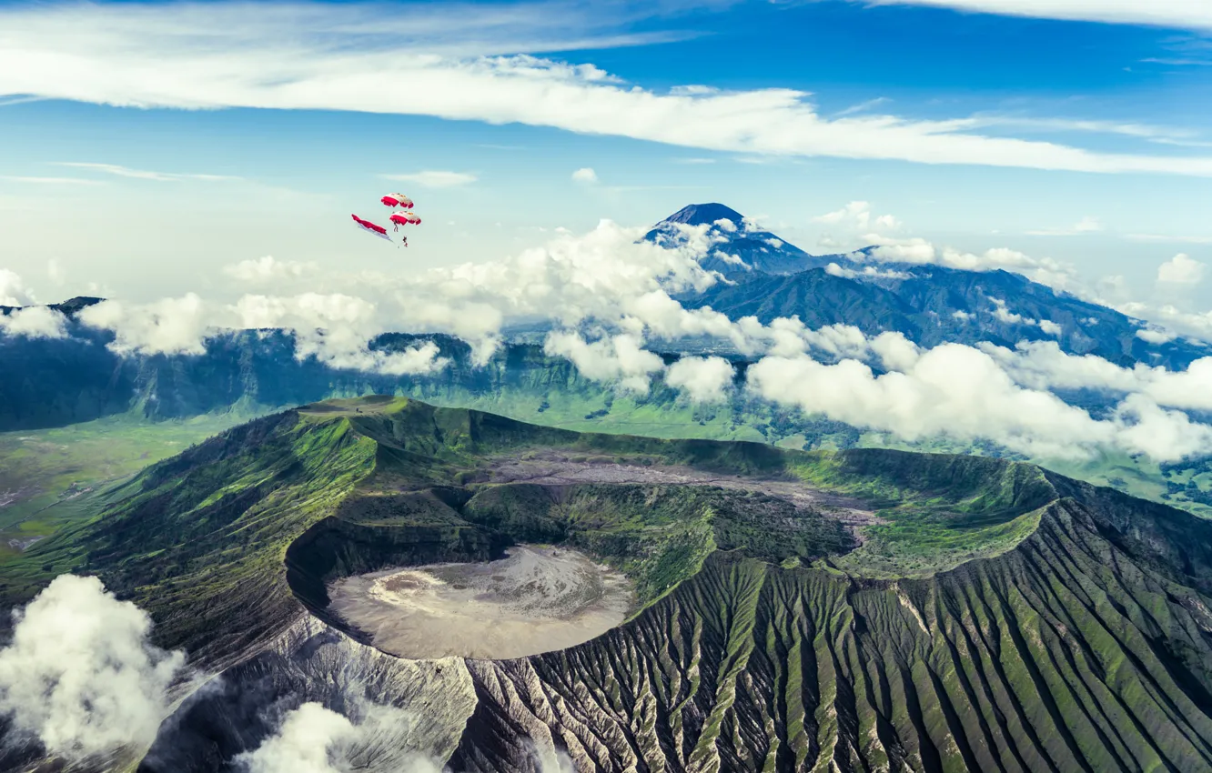 Photo wallpaper flight, landscape, Bromo, Java, skydiving, Tanger