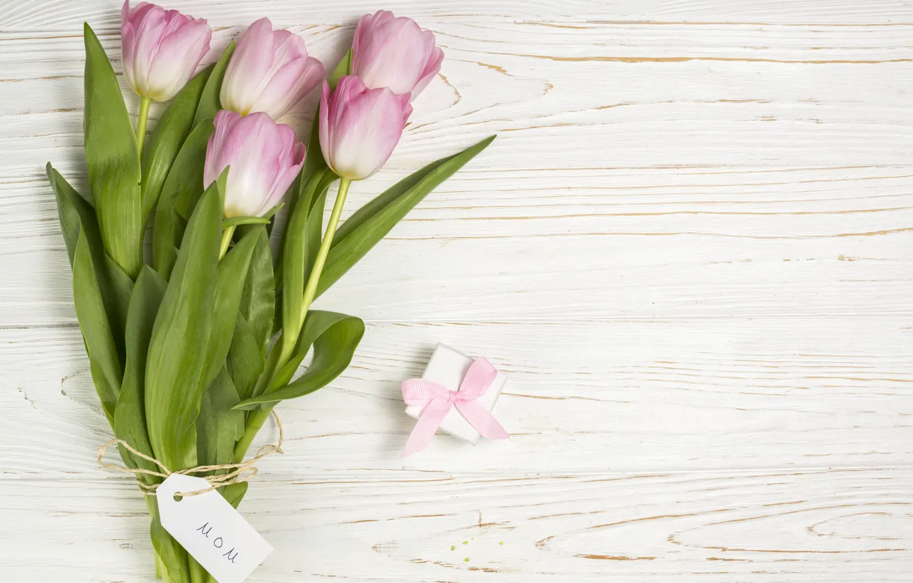 Photo wallpaper white, background, tulips, wood, gift box