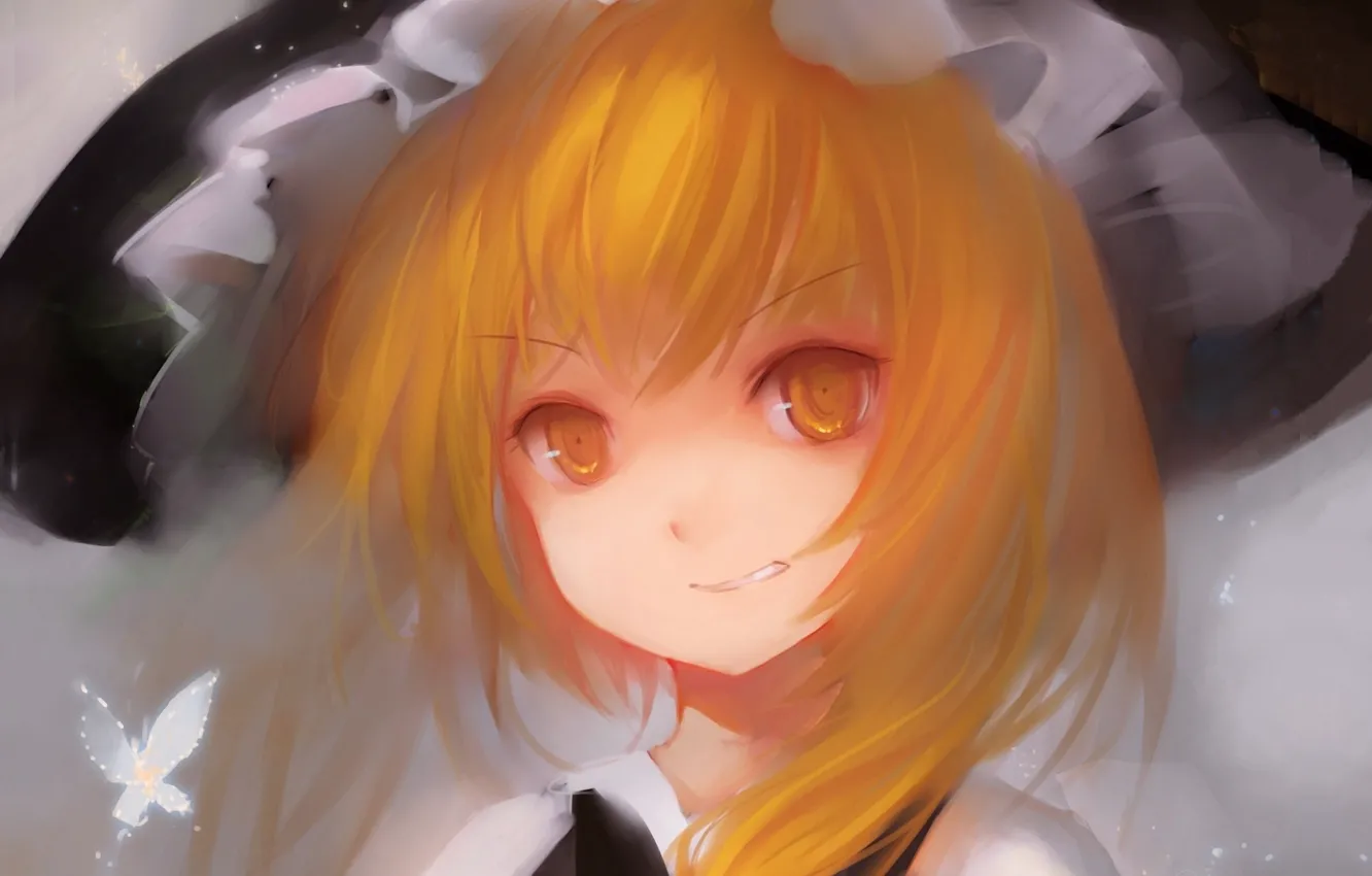 Photo wallpaper face, butterfly, yellow eyes, bangs, witch hat, witch, Touhou Project, Marisa Kirisame