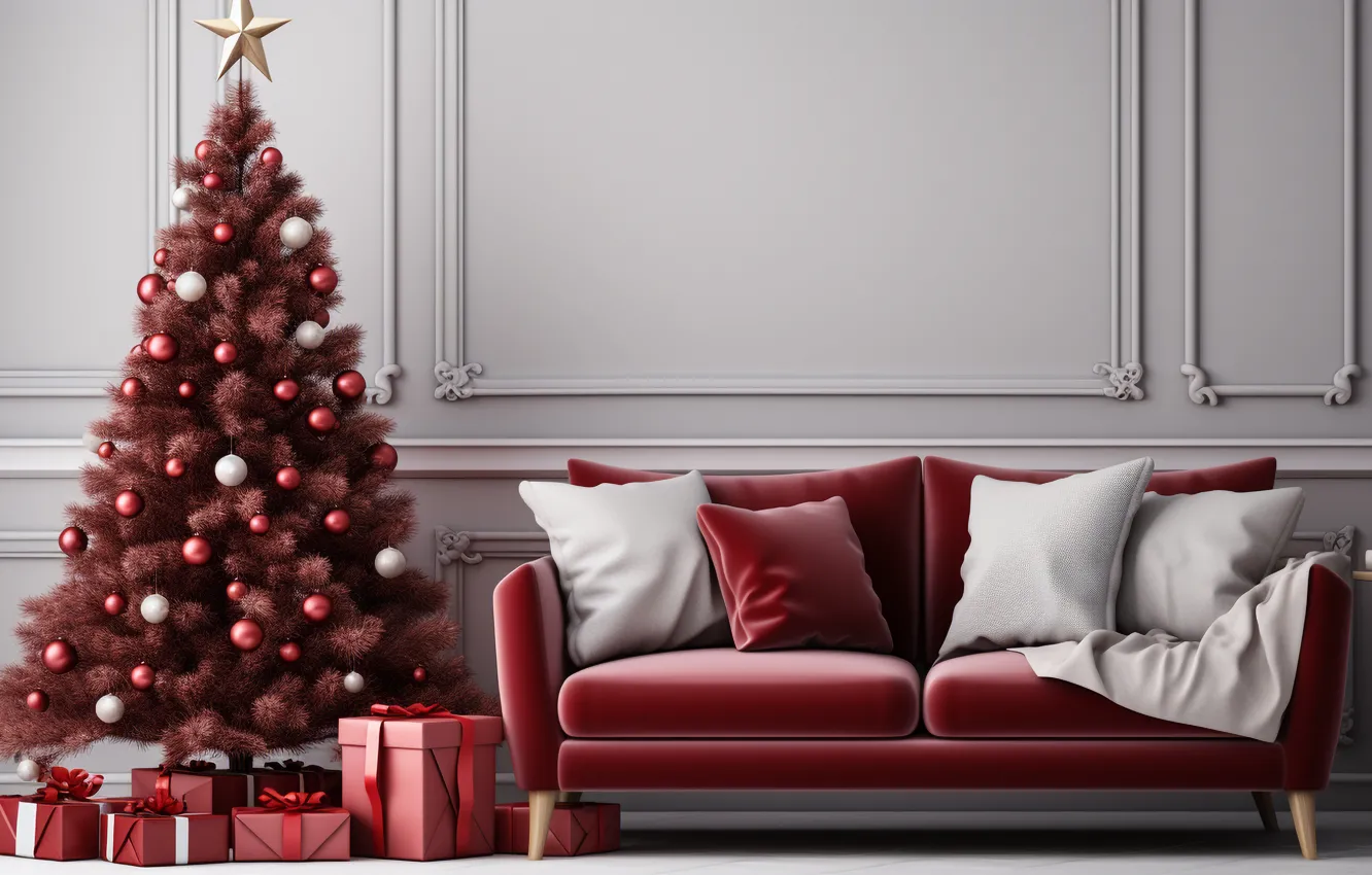 Photo wallpaper decoration, room, sofa, gift, balls, tree, new year, home