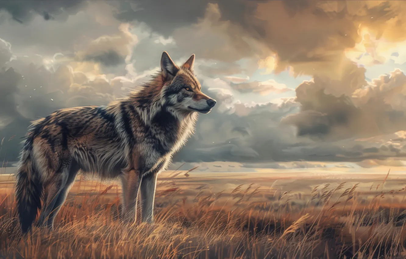 Photo wallpaper grass, clouds, wolf, predator, digital art, AI art, The Art of Artificial Intelligence, neural network