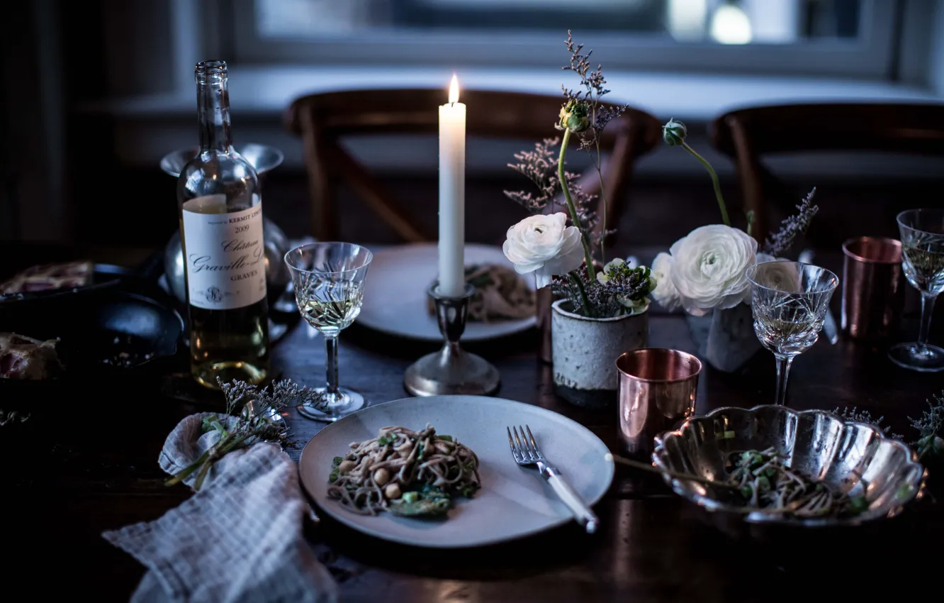 Photo wallpaper wine, food, candle, pasta, spaghetti
