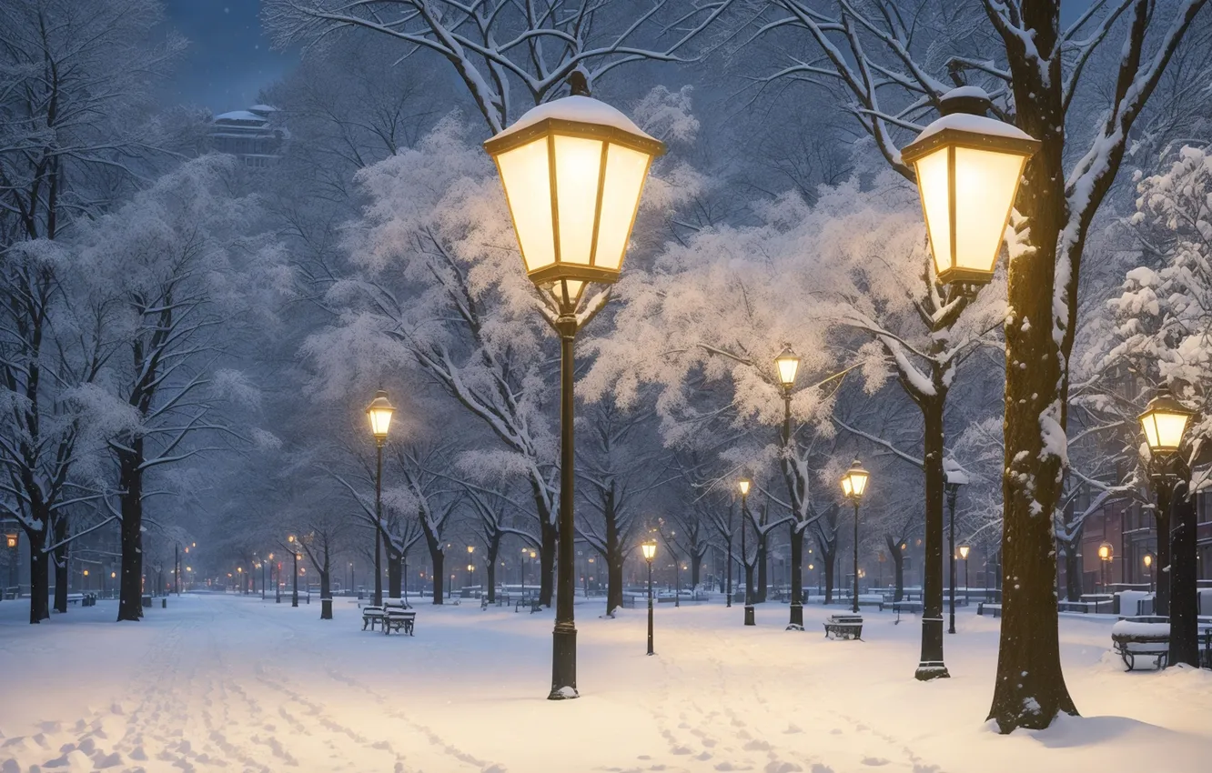 Photo wallpaper winter, snow, night, Park, street, lights, night, park