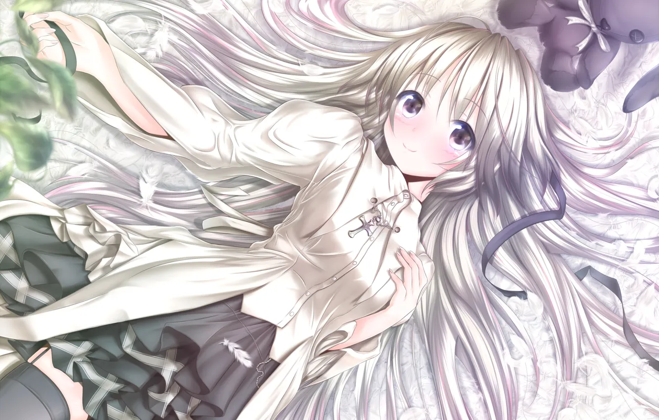 Photo wallpaper look, smile, toy, rabbit, dress, Anime, long hair, white hair