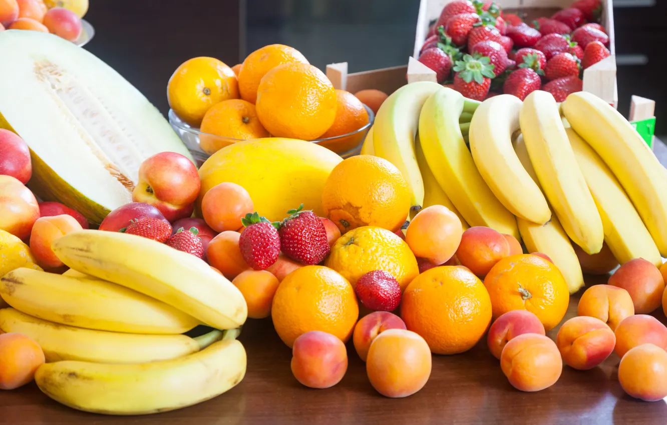 Photo wallpaper berries, orange, strawberry, bananas, bowl, fruit, tray, peaches