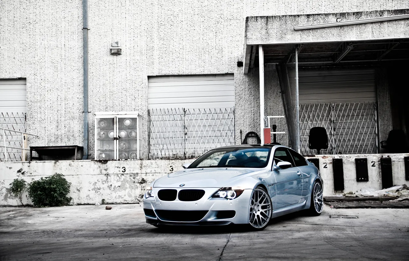 Photo wallpaper lights, the building, bmw, BMW, silver, front view, e63, silvery