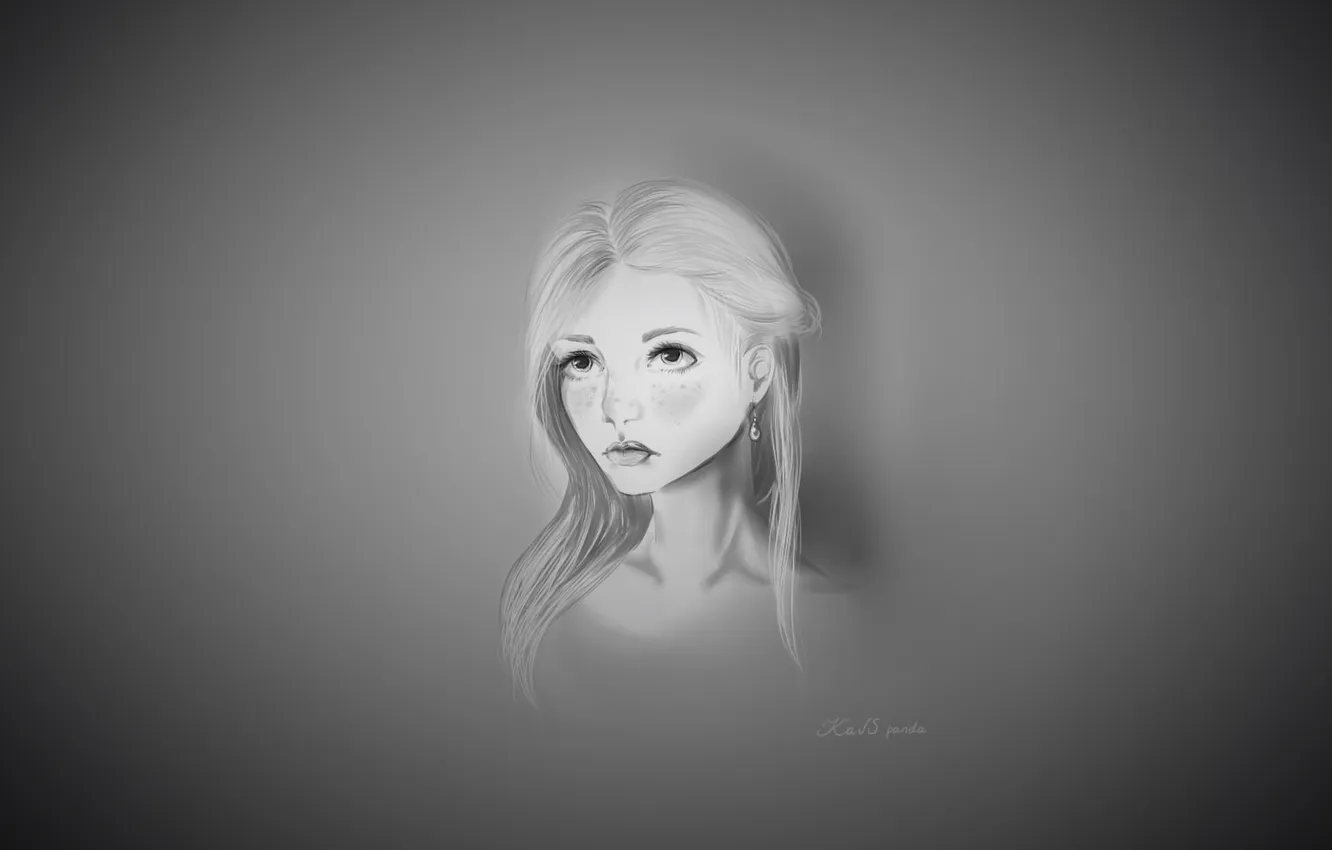 Photo wallpaper look, girl, face, figure, b/W, art, freckles, beautiful