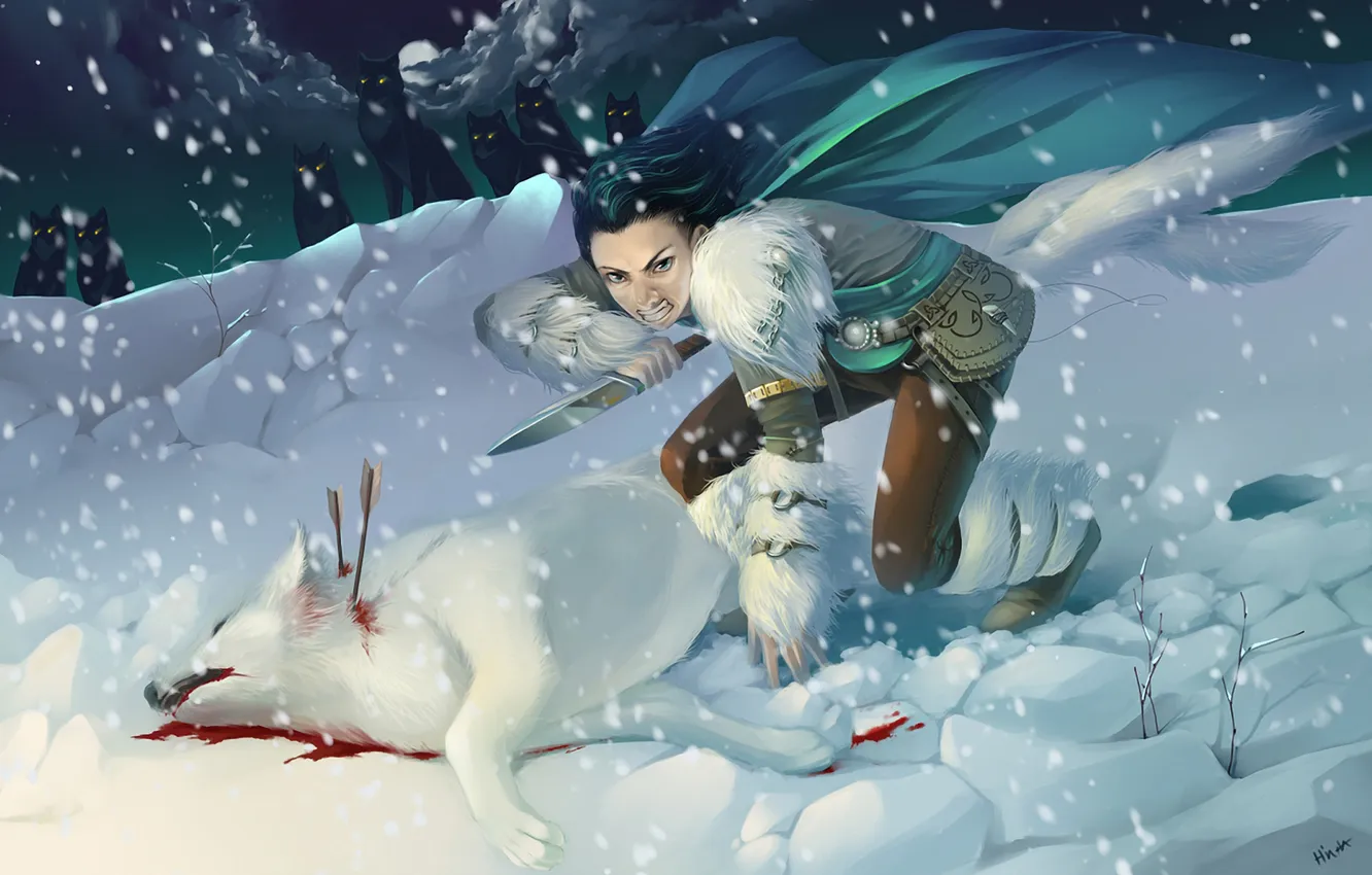 Photo wallpaper snow, night, blood, wolf, Girl, grin, fur, dagger