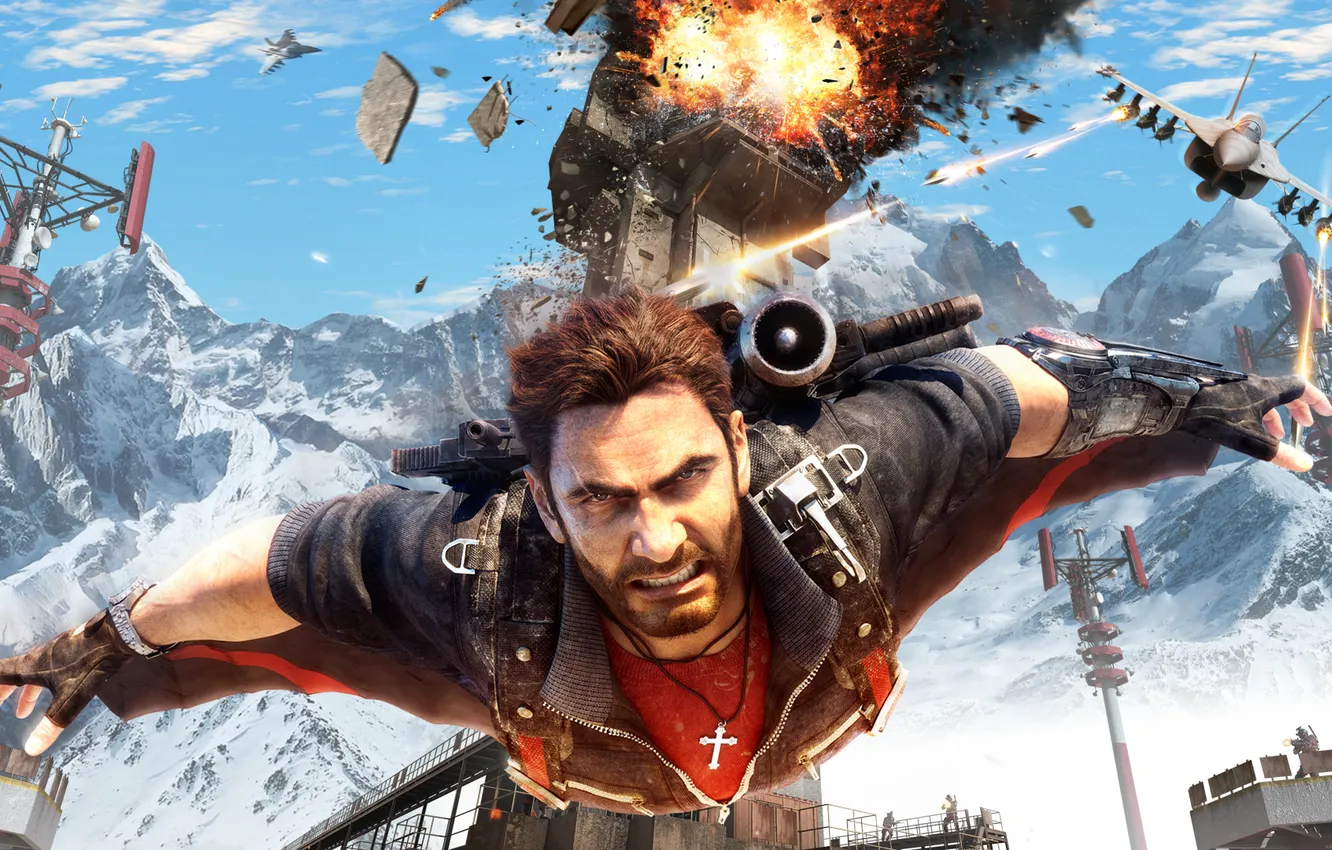 Photo wallpaper the explosion, destruction, male, the plane, Square Enix, wingsuit, Just Cause 3, Avalanche Studios
