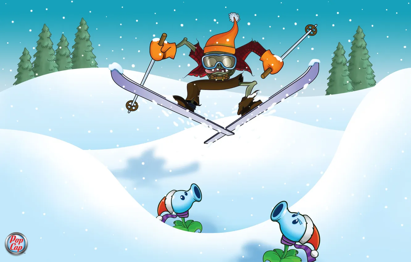 Photo wallpaper snow, flowers, zombies, skier, plants vs zombies