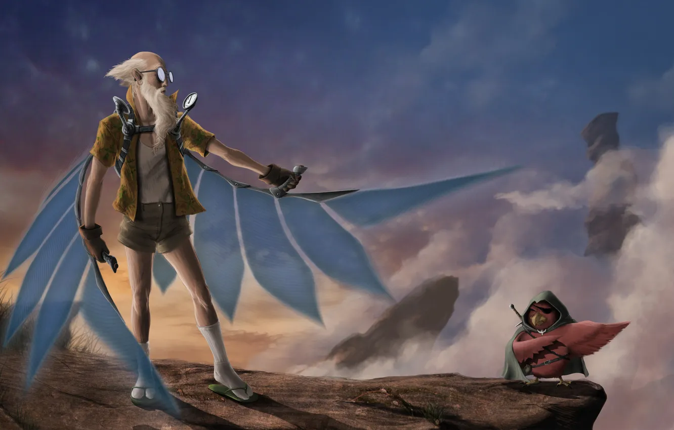 Photo wallpaper bird, grandfather, Icarus, learn to fly