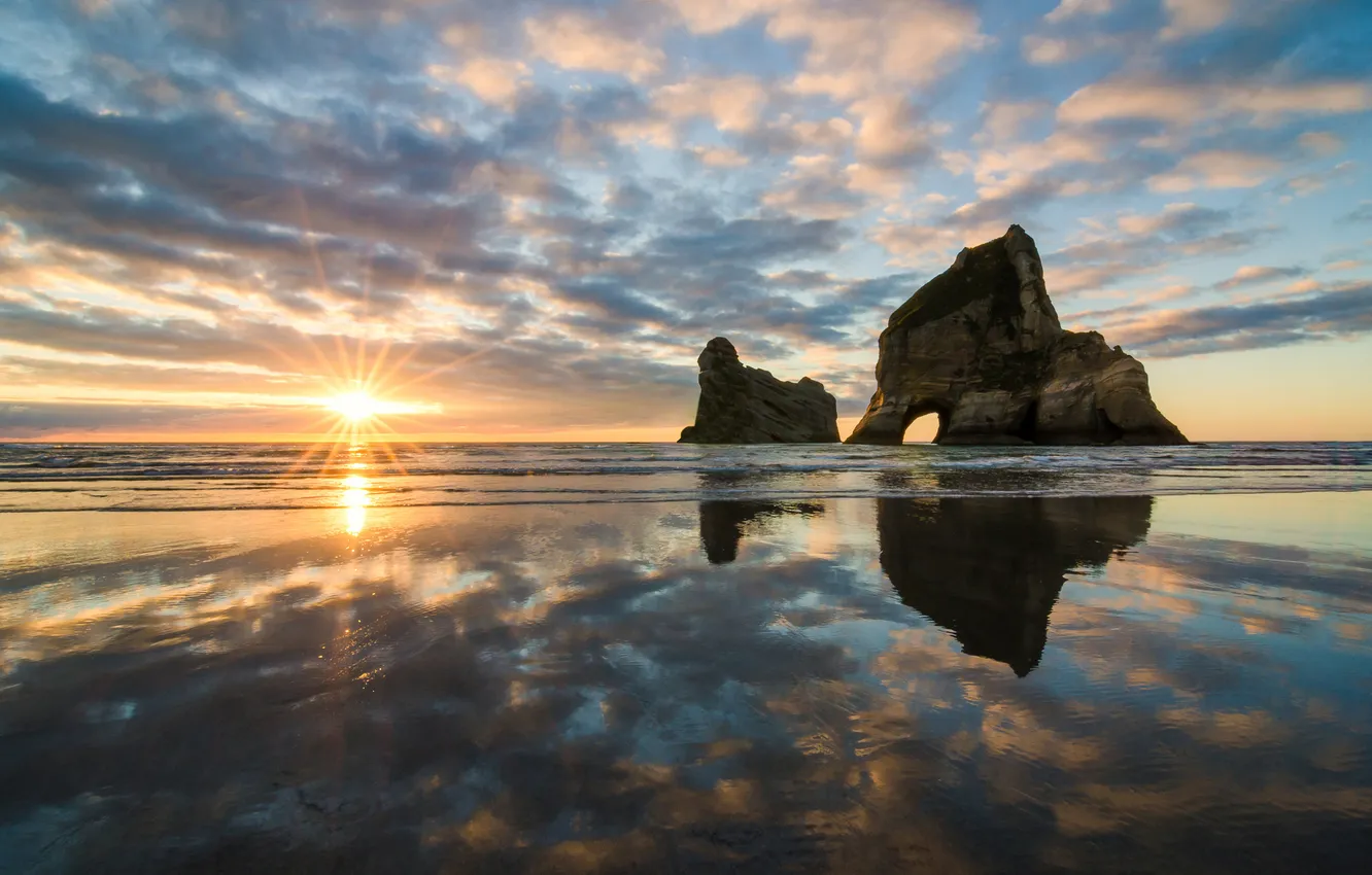 Photo wallpaper reflection, sunrise, rocks, New Zealand, New Zealand, The Tasman sea, Tasman Sea, Wharariki Beach
