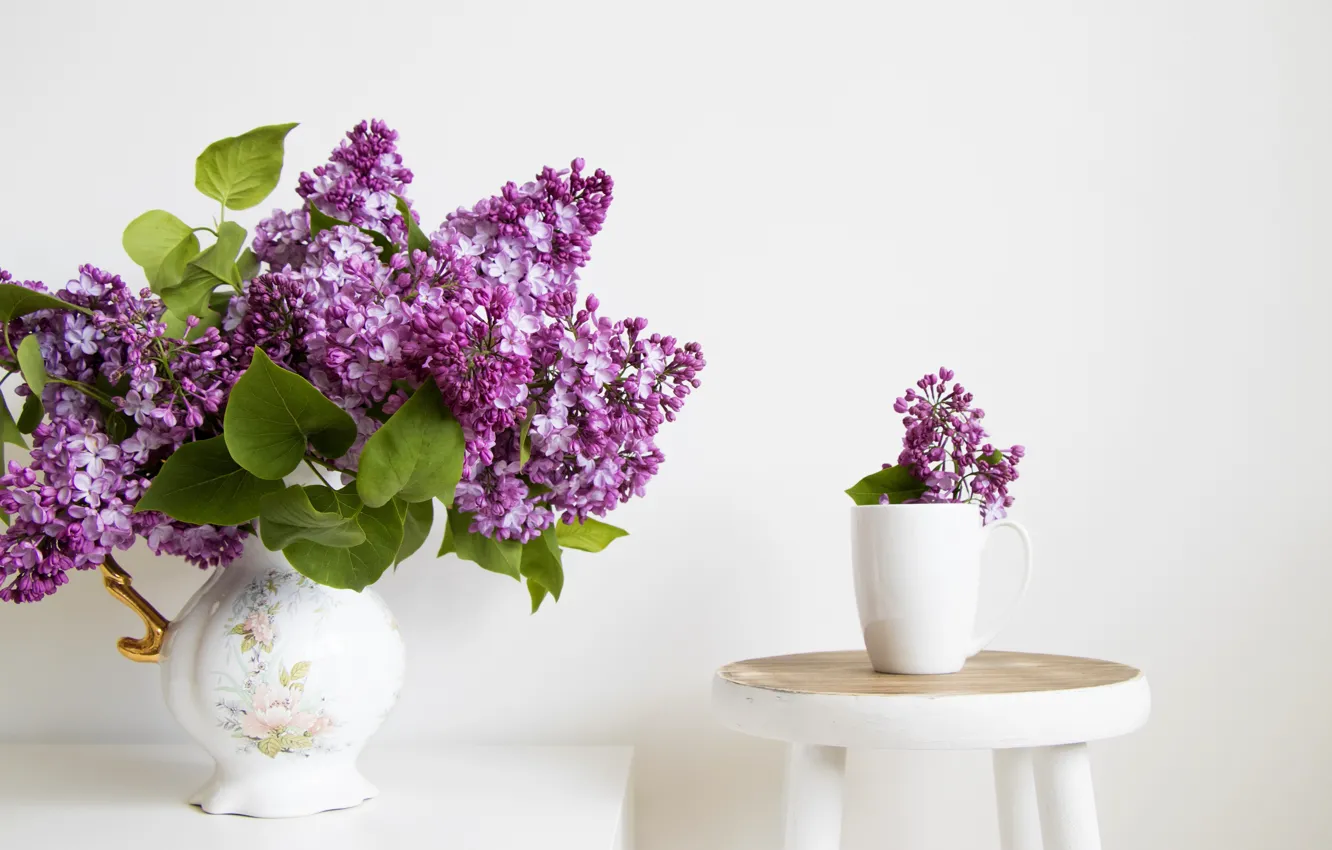 Photo wallpaper flowers, bouquet, mug, vase, lilac