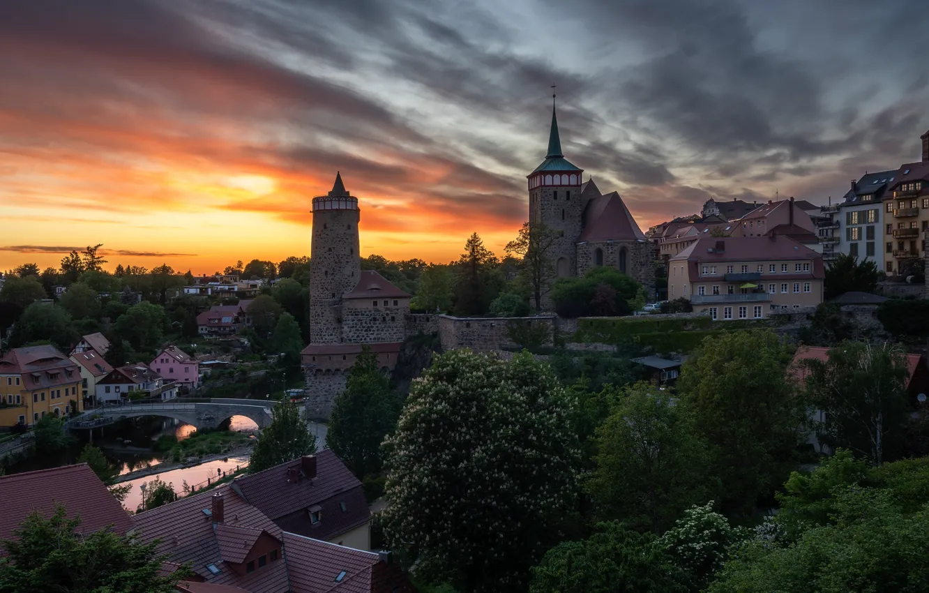 Photo wallpaper the city, river, home, the evening, Germany, tower, fortress, Spree