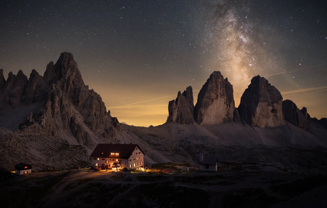 Photo wallpaper mountains, night, house, The Dolomites