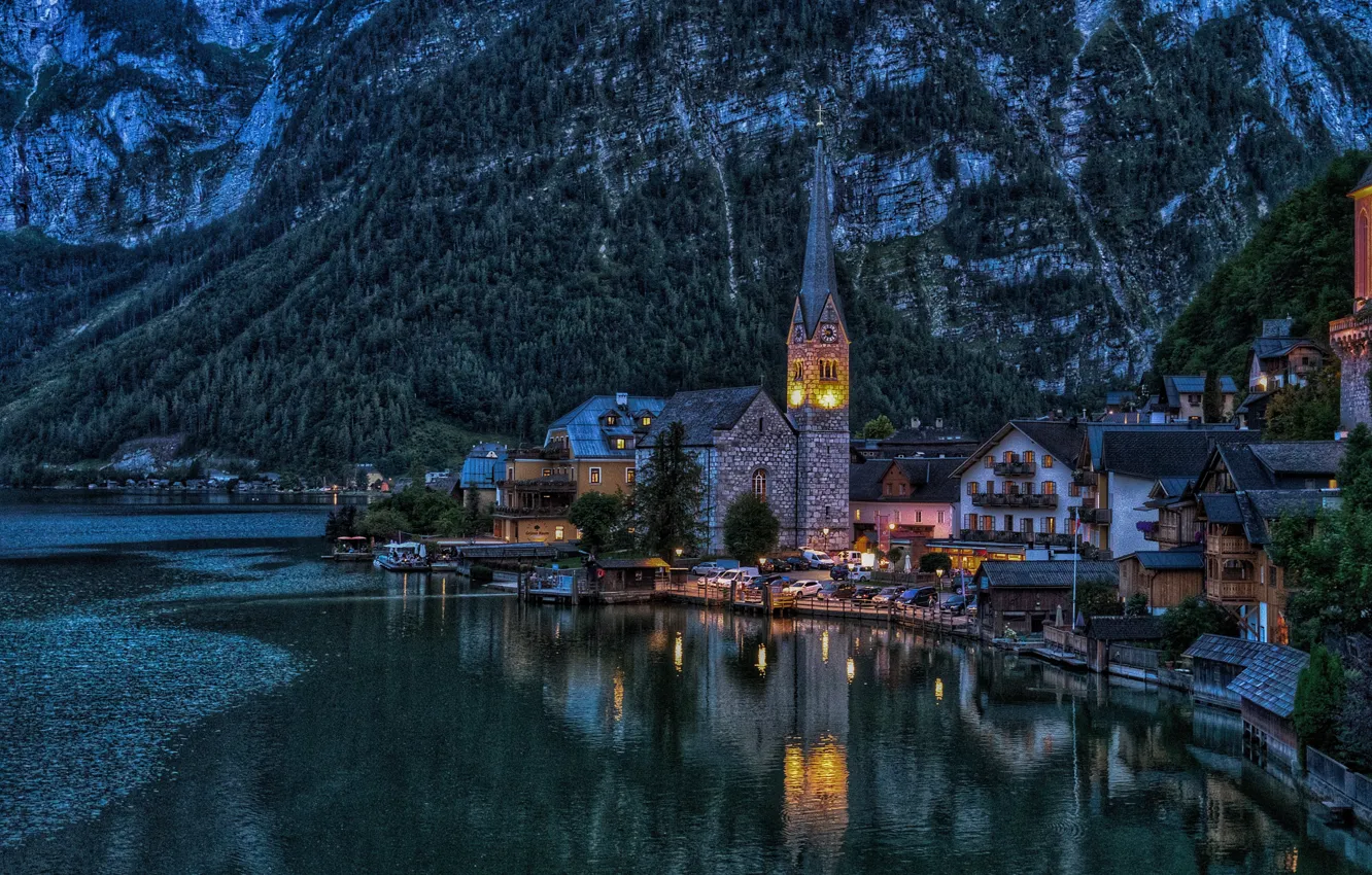 Photo wallpaper landscape, mountains, lake, tower, home, the evening, Austria, lighting