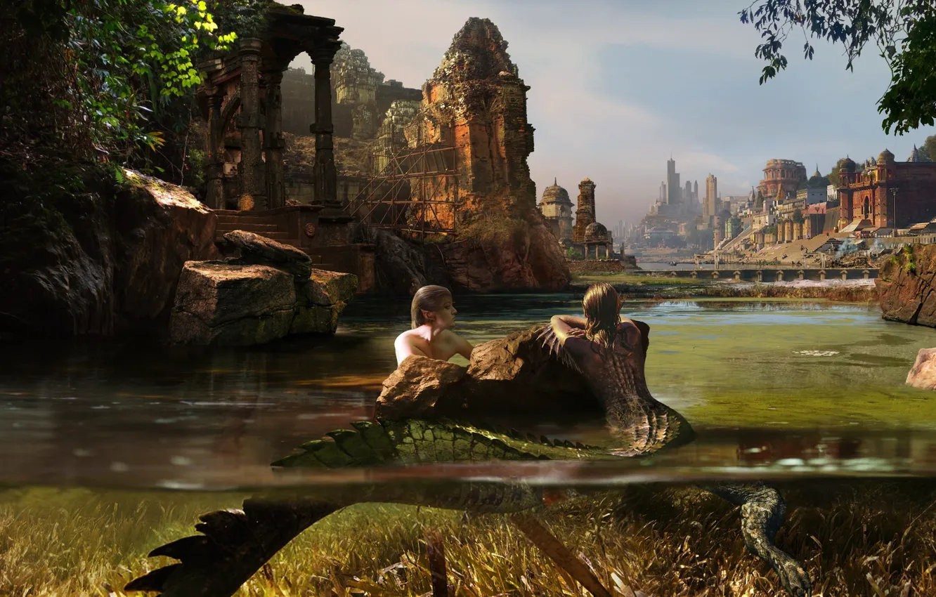 Photo wallpaper the sky, trees, the city, river, shore, being, ruins, observation