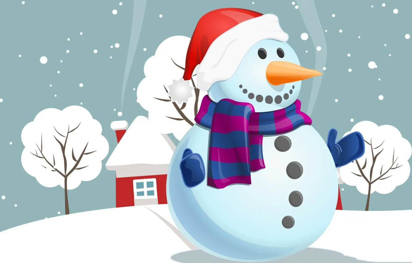 Photo wallpaper holiday, scarf, Christmas, house, snowman