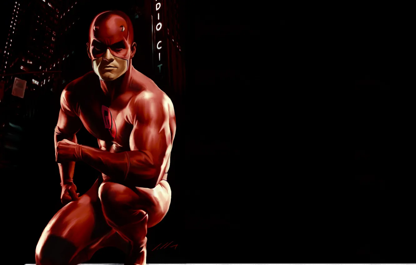 Photo wallpaper red, mask, costume, black background, Marvel Comics, Daredevil, Matt Murdock
