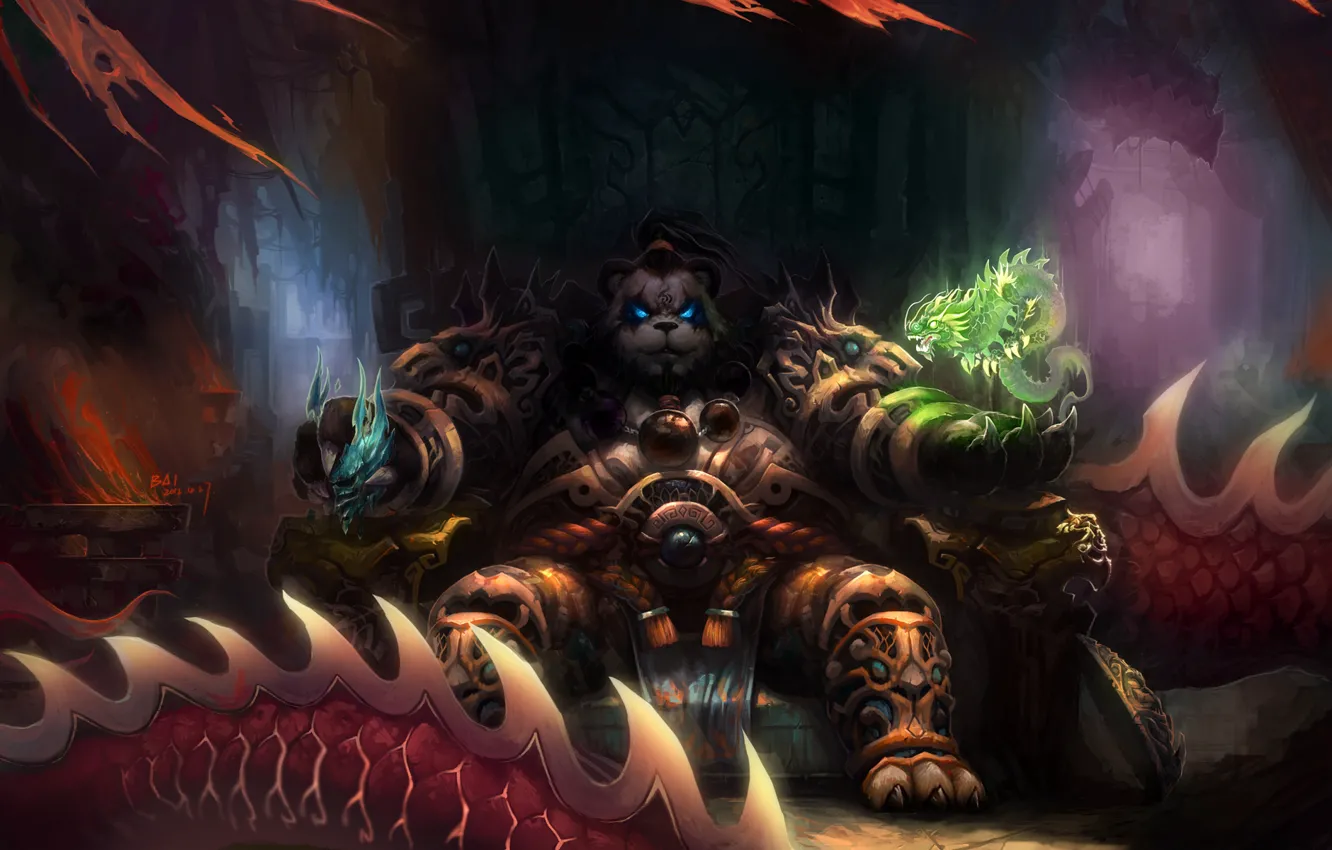 Photo wallpaper magic, dragon, art, Panda, World of Warcraft, the throne, Mists of Pandaria