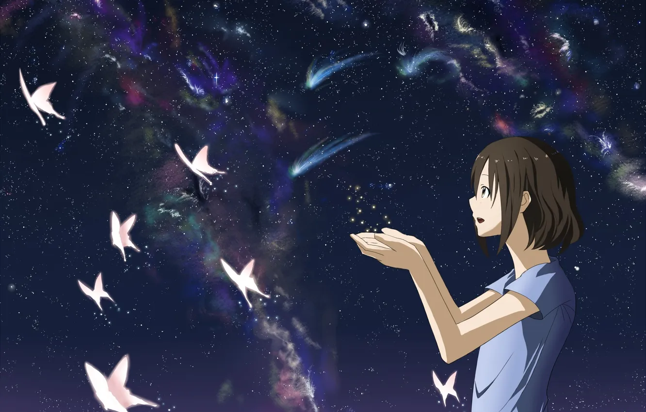 Photo wallpaper the sky, girl, stars, butterfly, Northern lights, anime, art, mac