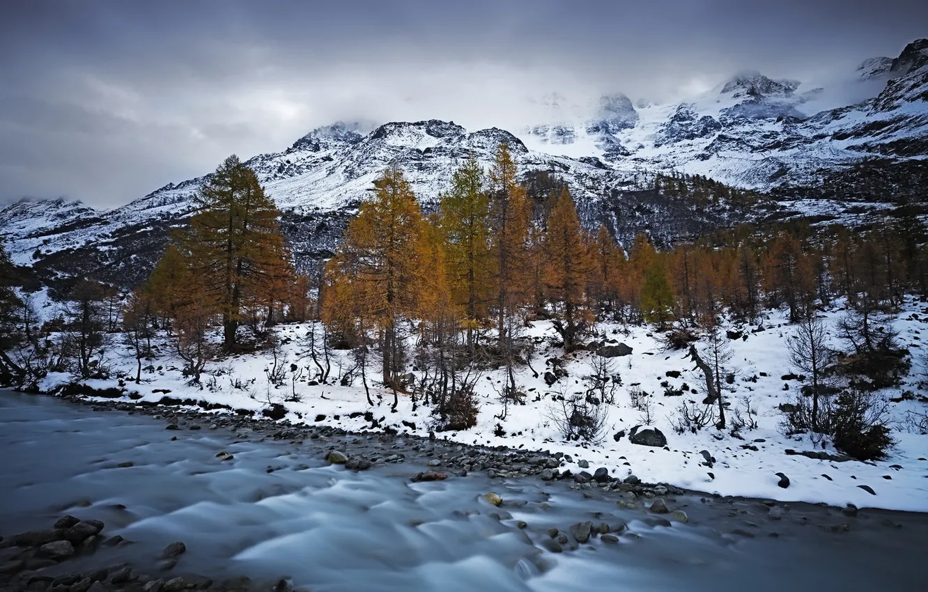 Photo wallpaper autumn, snow, river